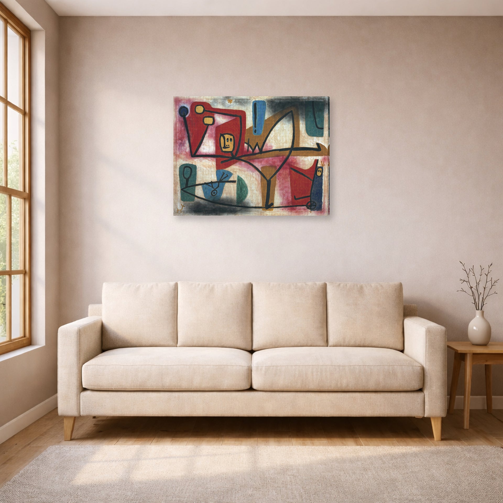 Gallery-wrapped canvas print of Paul Klee's Arrogance displayed on a wall in a living room