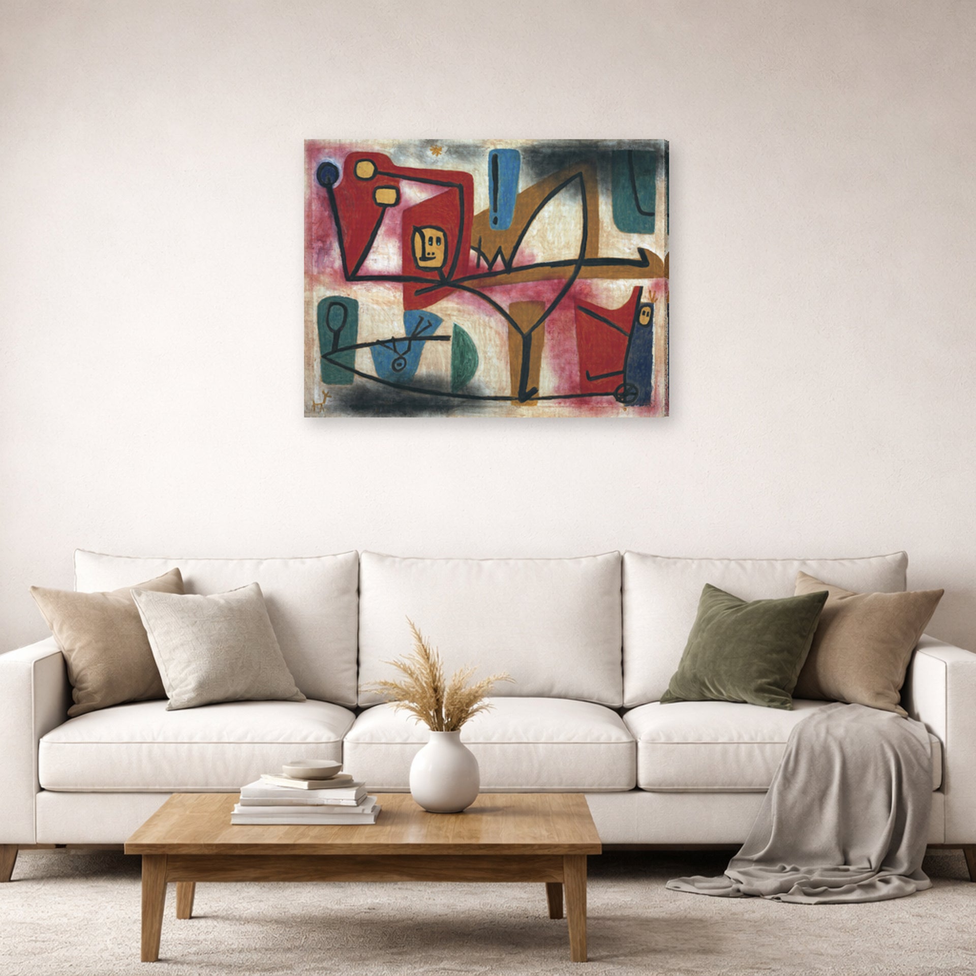 Gallery-wrapped canvas print of Paul Klee's Arrogance displayed on a wall in a living room