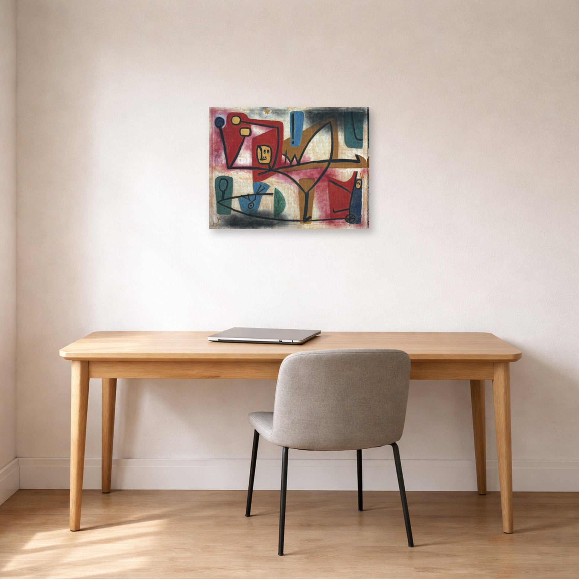 Gallery-wrapped canvas print of Paul Klee's Arrogance displayed on a wall in an office