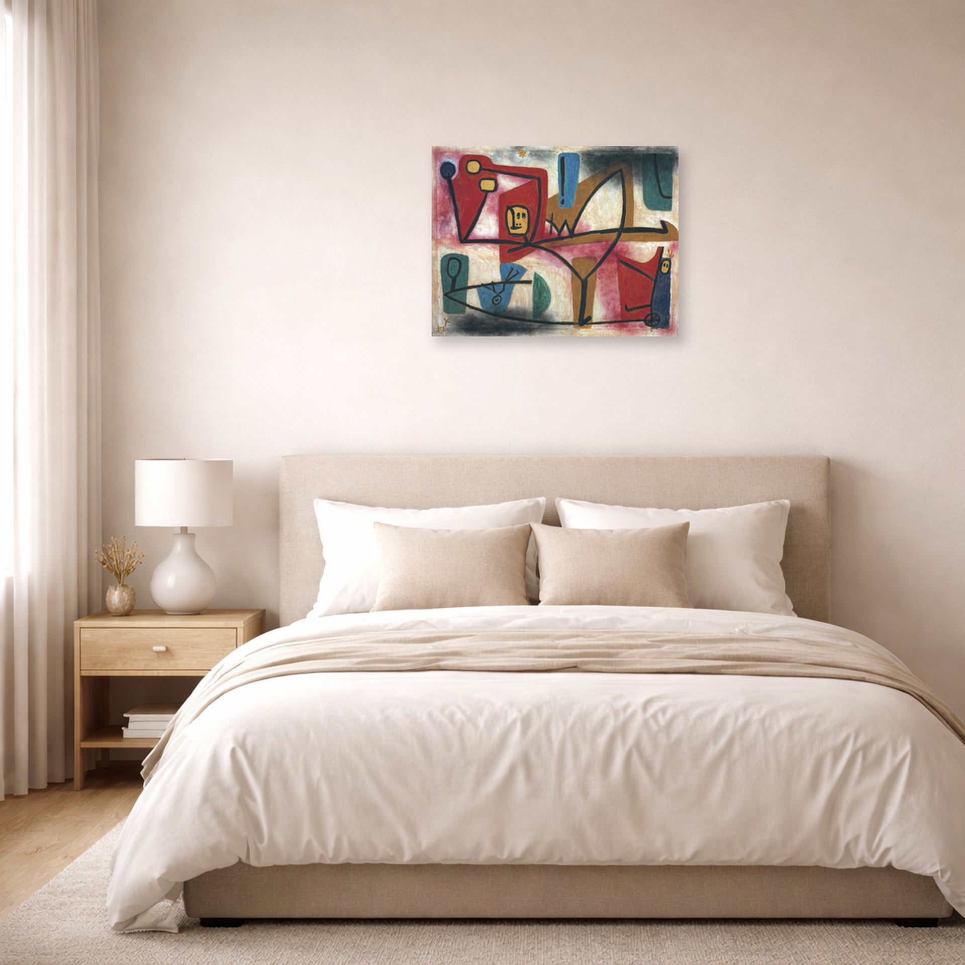 Unframed poster print of Paul Klee's Arrogance displayed on a wall in a bedroom