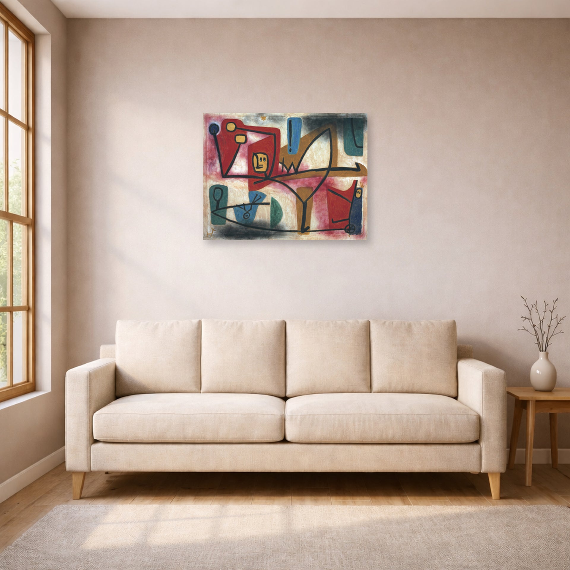 Unframed poster print of Paul Klee's Arrogance displayed on a wall in a living room