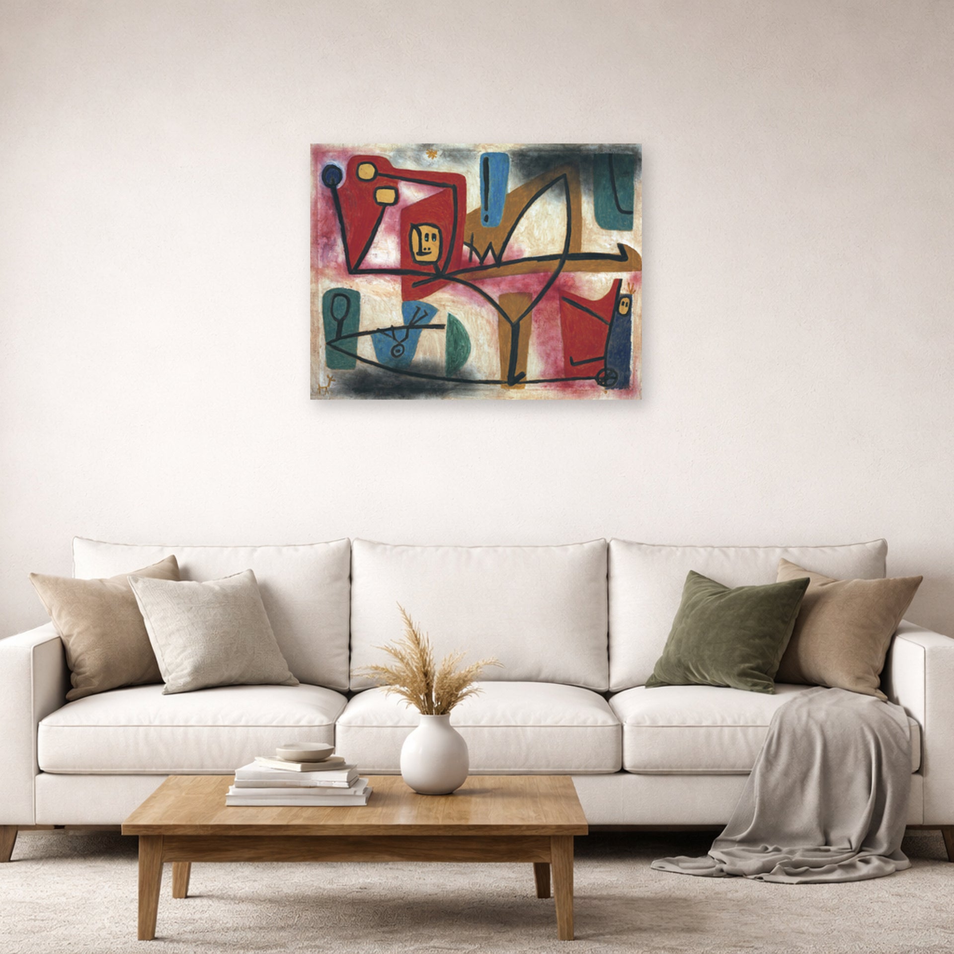 Unframed poster print of Paul Klee's Arrogance displayed on a wall in a living room