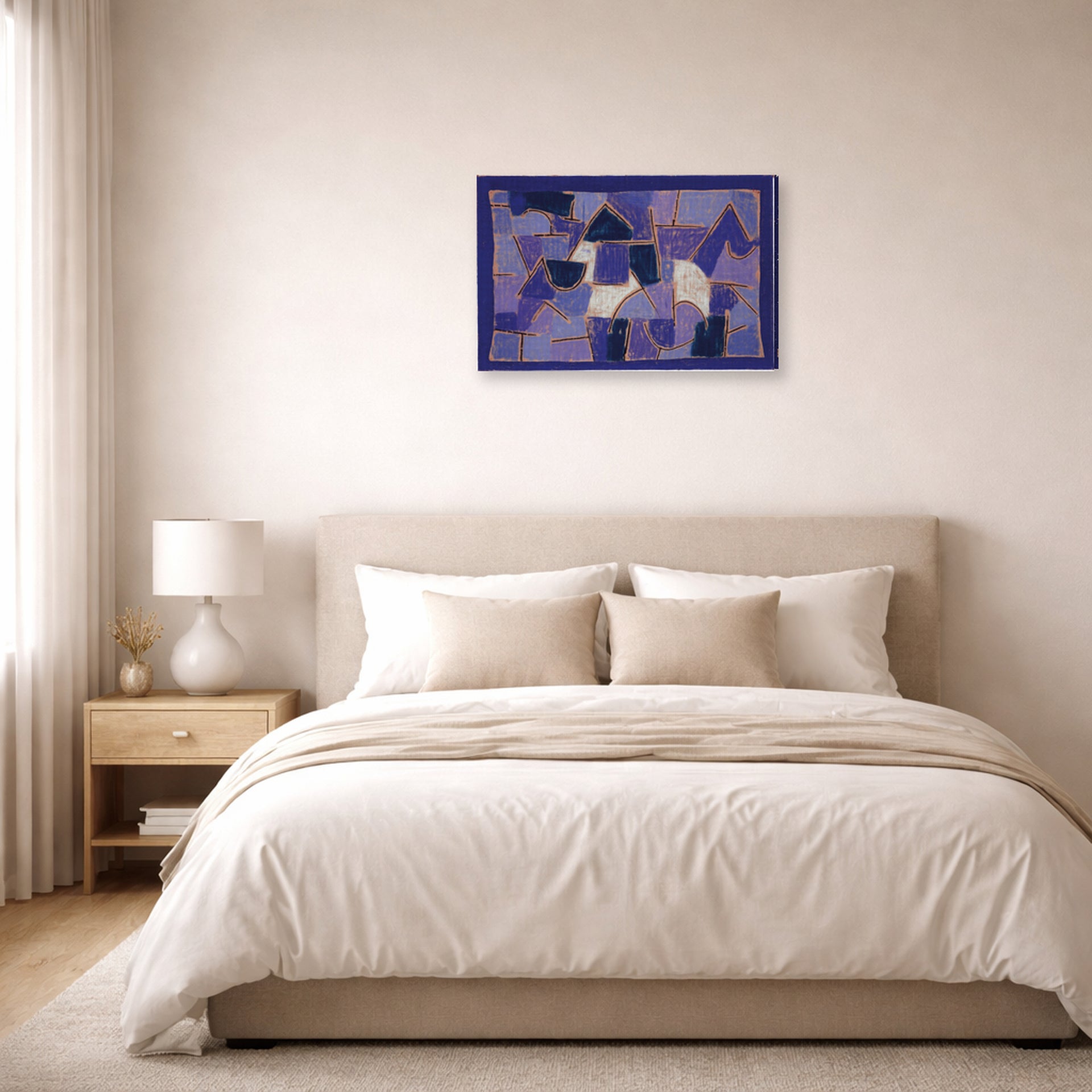 Gallery-wrapped canvas print of Paul Klee's Blue Night displayed on a wall in a bedroom