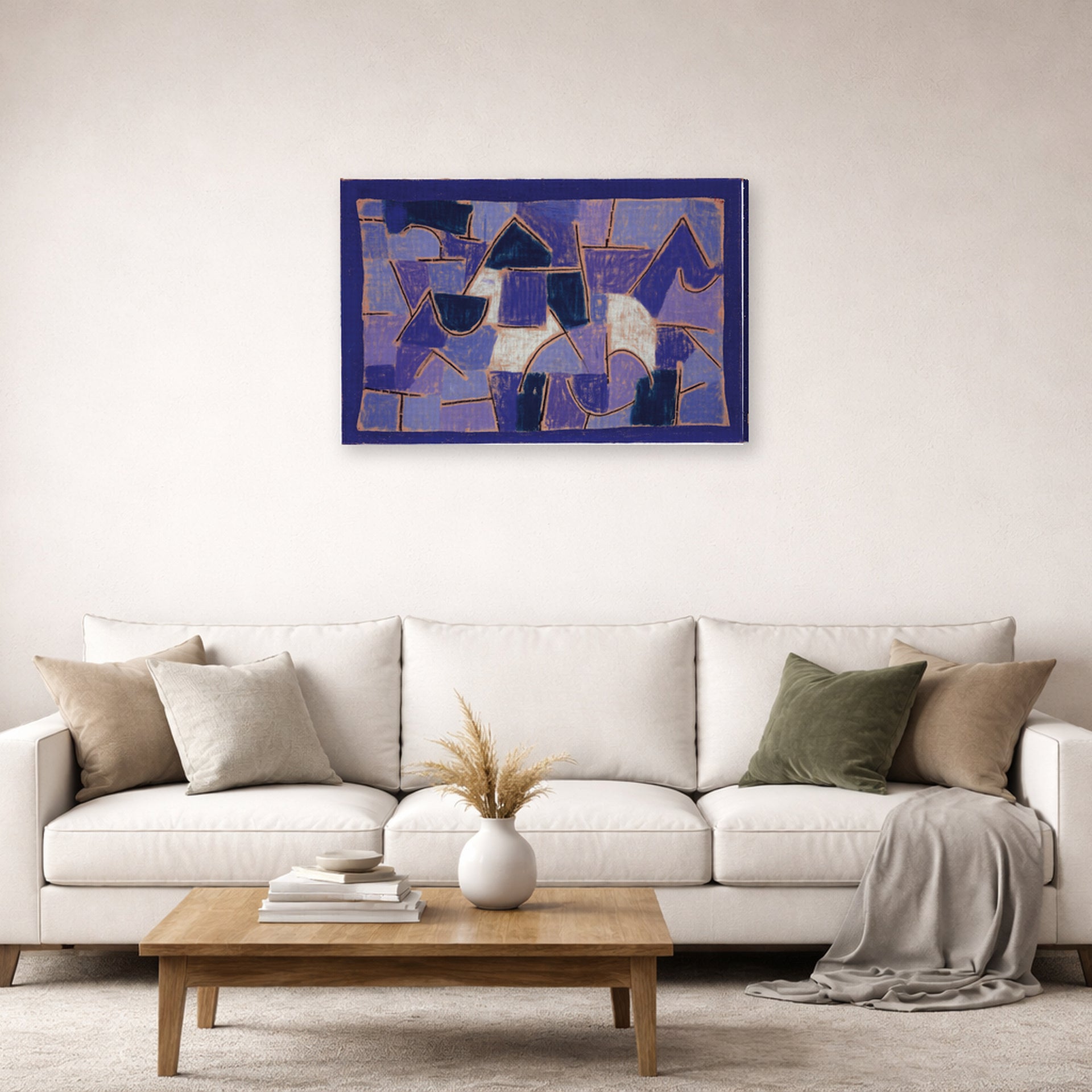 Gallery-wrapped canvas print of Paul Klee's Blue Night displayed on a wall in a living room