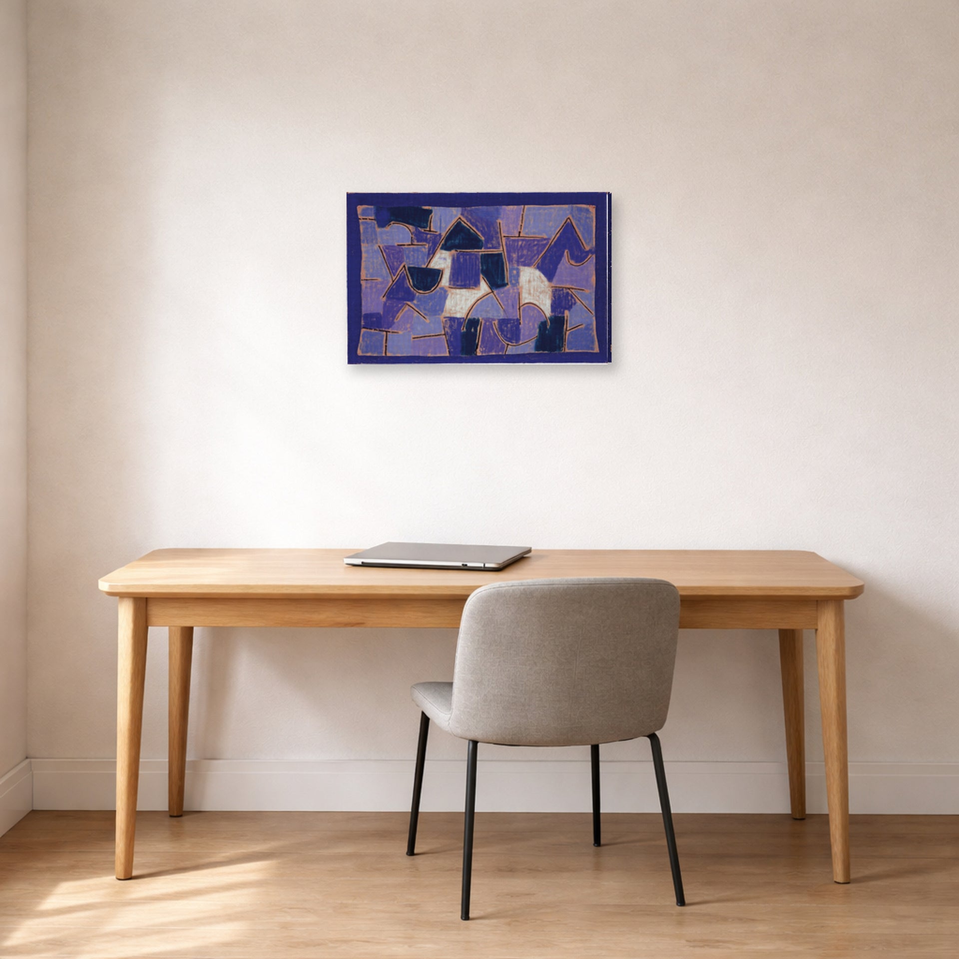 Gallery-wrapped canvas print of Paul Klee's Blue Night displayed on a wall in an office