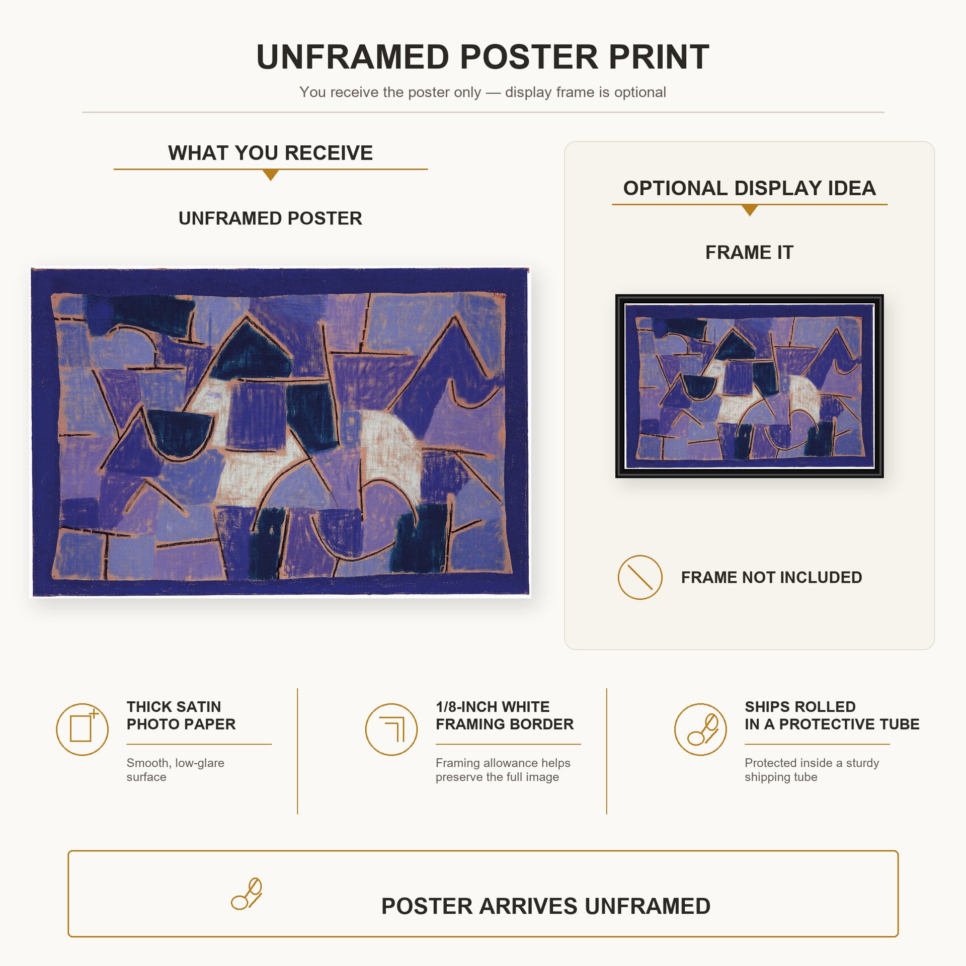 Paul Klee - Blue Night poster print size comparison and framing display infographic