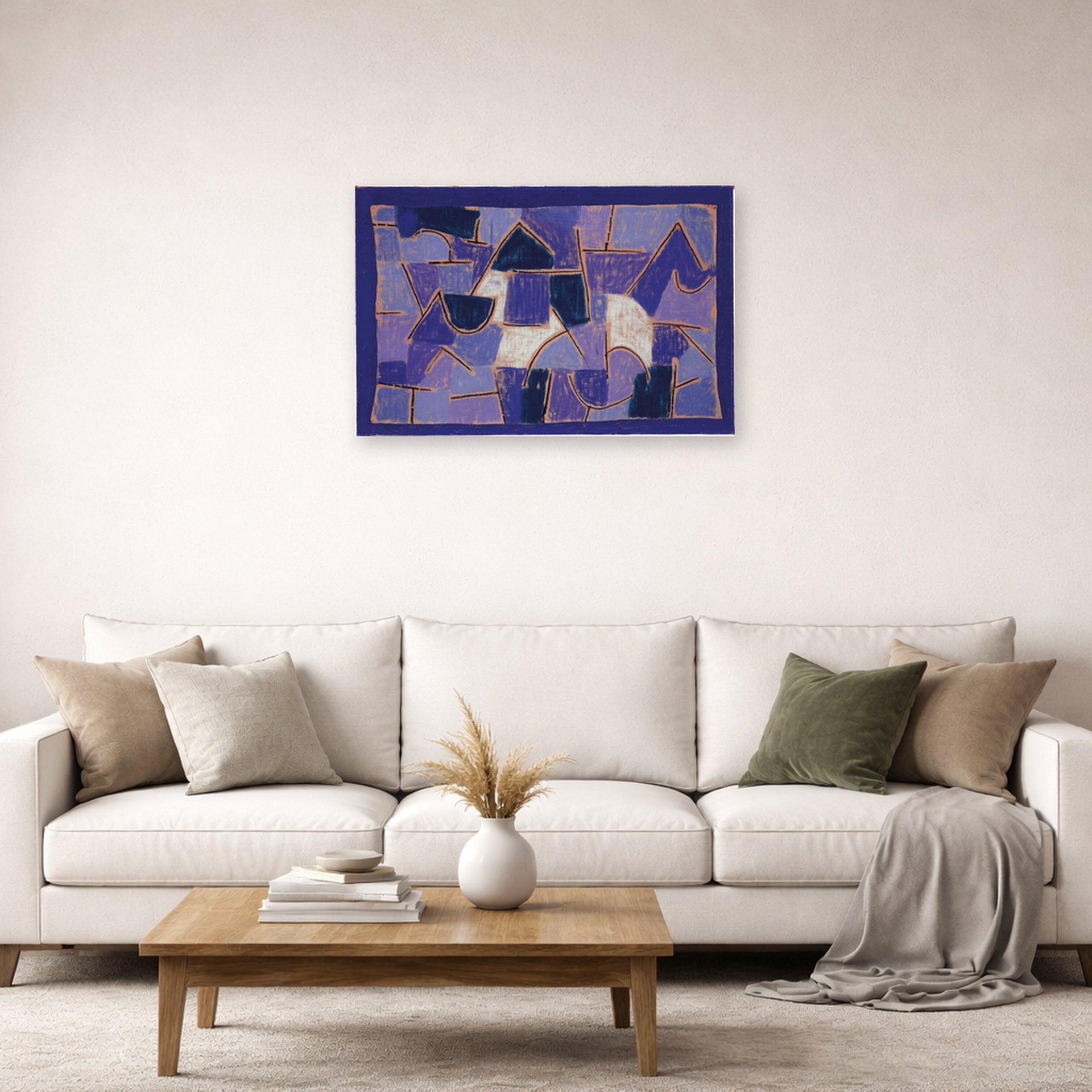 Unframed poster print of Paul Klee's Blue Night displayed on a wall in a living room