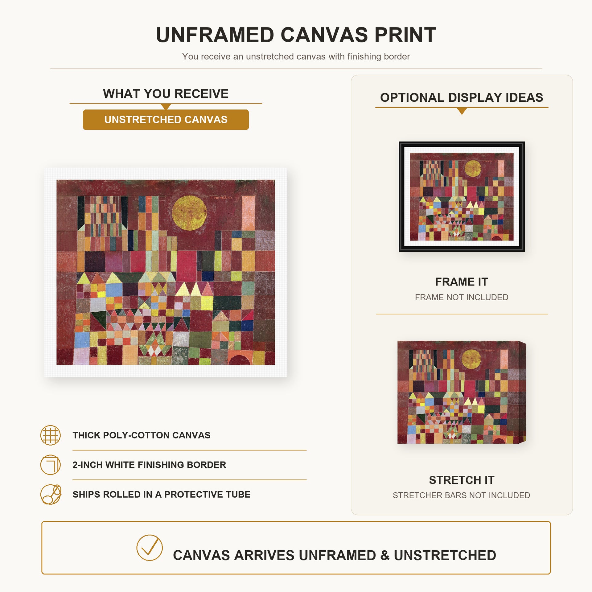 Paul Klee - Castle and Sun canvas print size comparison and framing display infographic