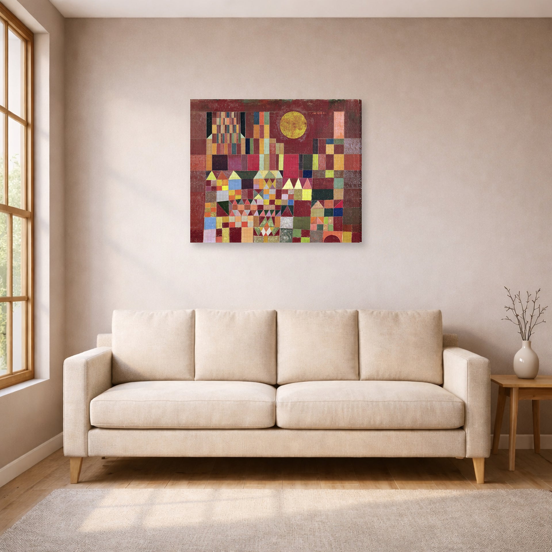 Gallery-wrapped canvas print of Paul Klee's Castle and Sun displayed on a wall in a living room