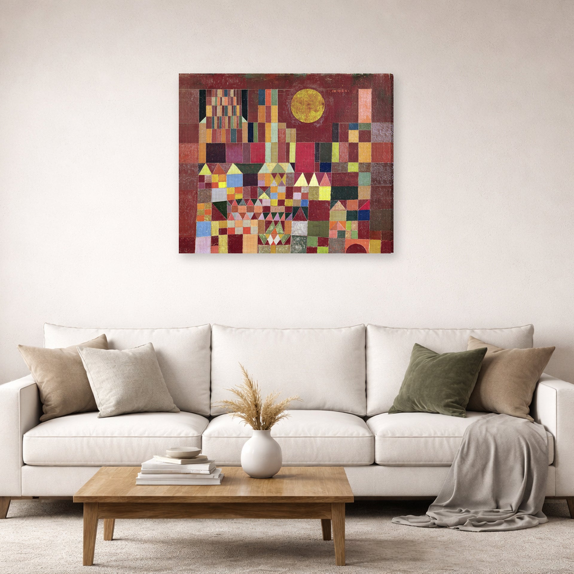 Gallery-wrapped canvas print of Paul Klee's Castle and Sun displayed on a wall in a living room