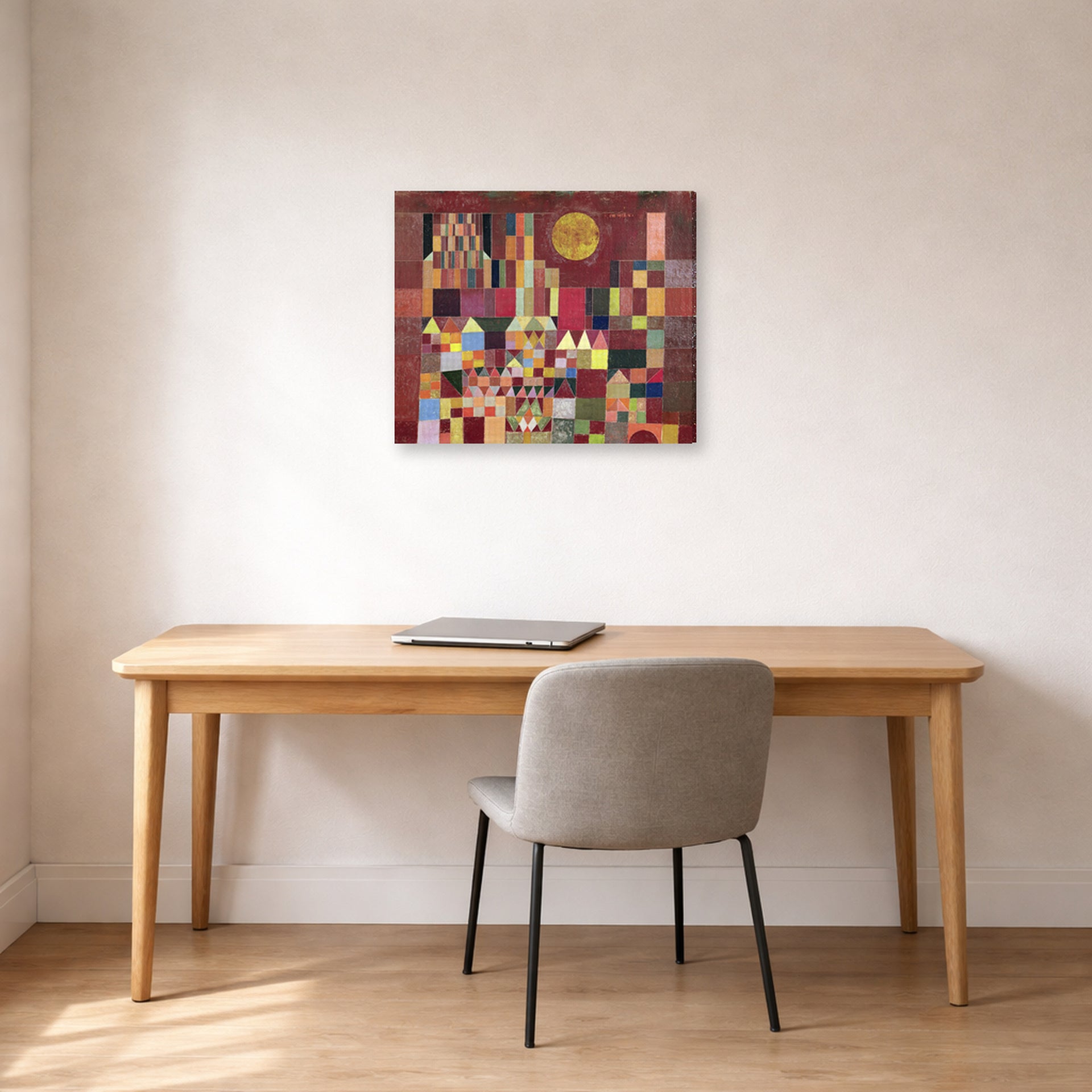 Gallery-wrapped canvas print of Paul Klee's Castle and Sun displayed on a wall in an office