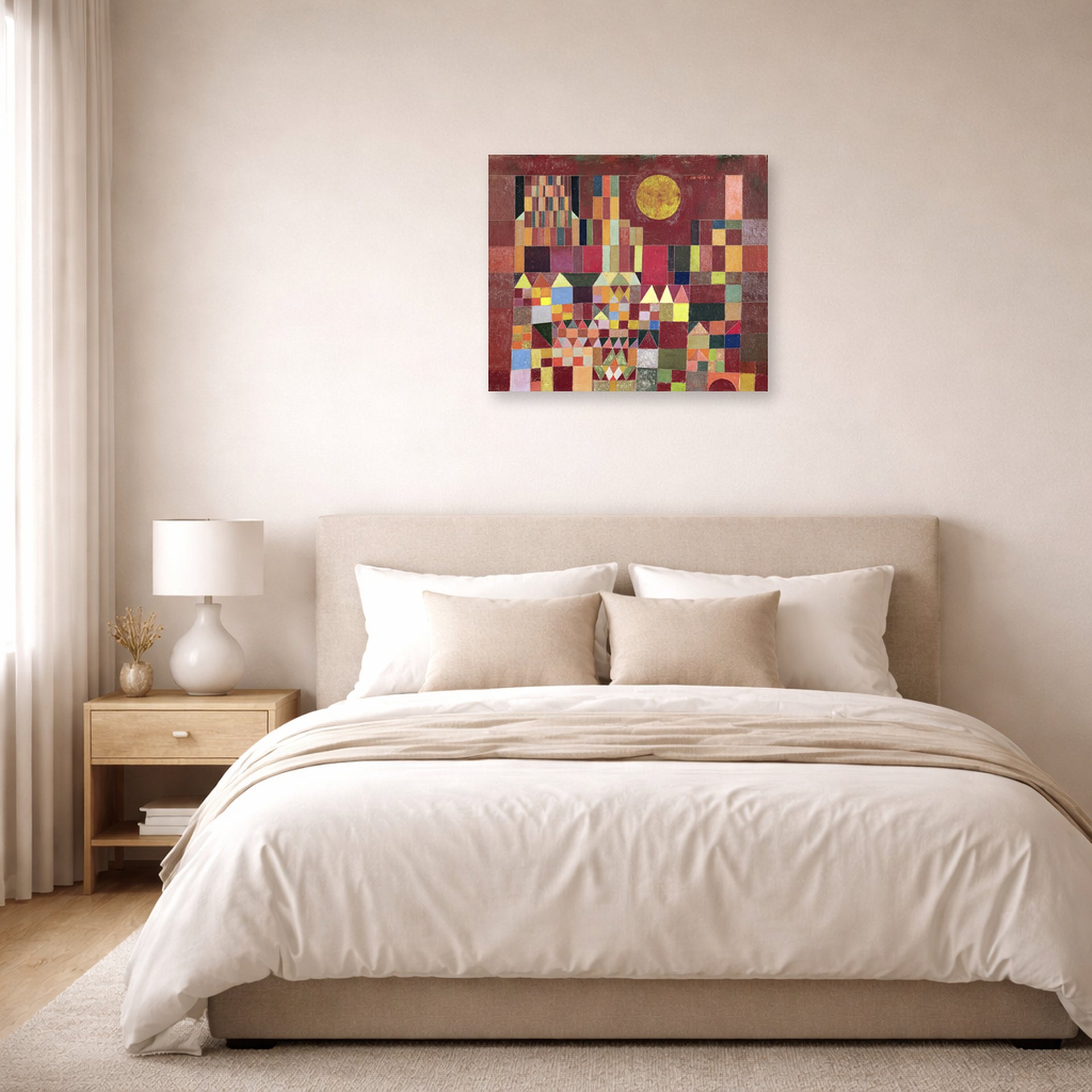 Unframed poster print of Paul Klee's Castle and Sun displayed on a wall in a bedroom