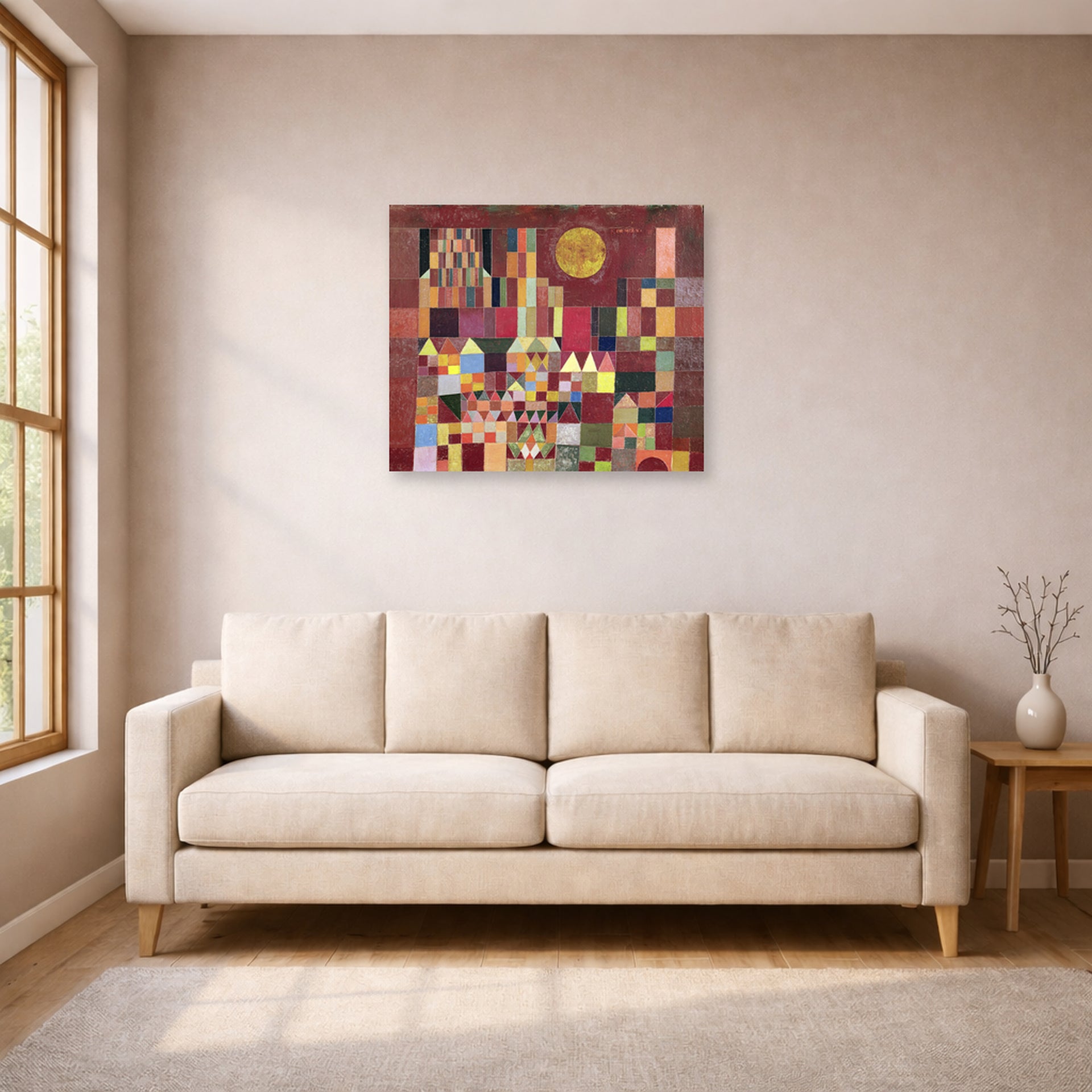 Unframed poster print of Paul Klee's Castle and Sun displayed on a wall in a living room