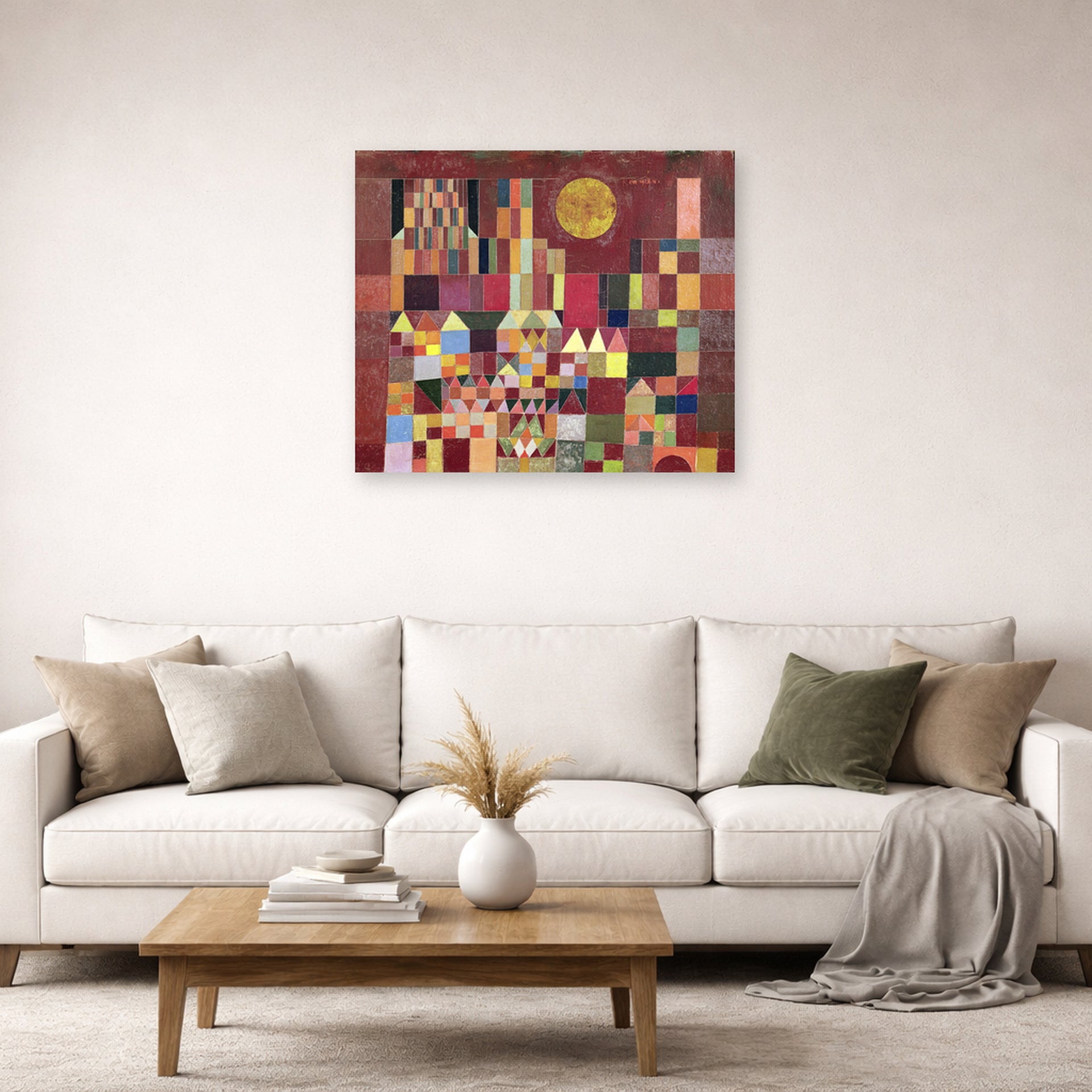 Unframed poster print of Paul Klee's Castle and Sun displayed on a wall in a living room