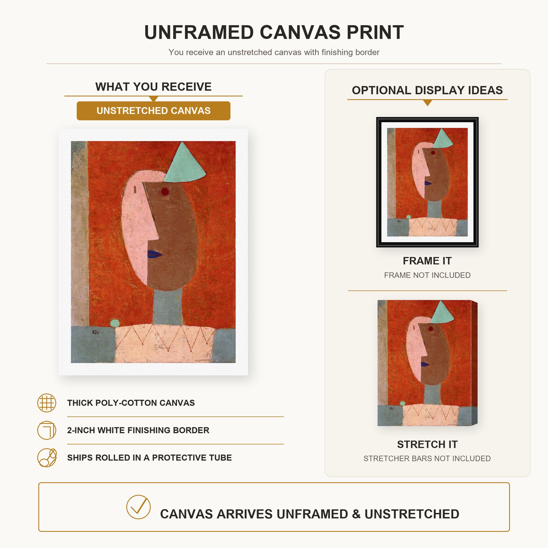 Paul Klee - Clown canvas print size comparison and framing display infographic