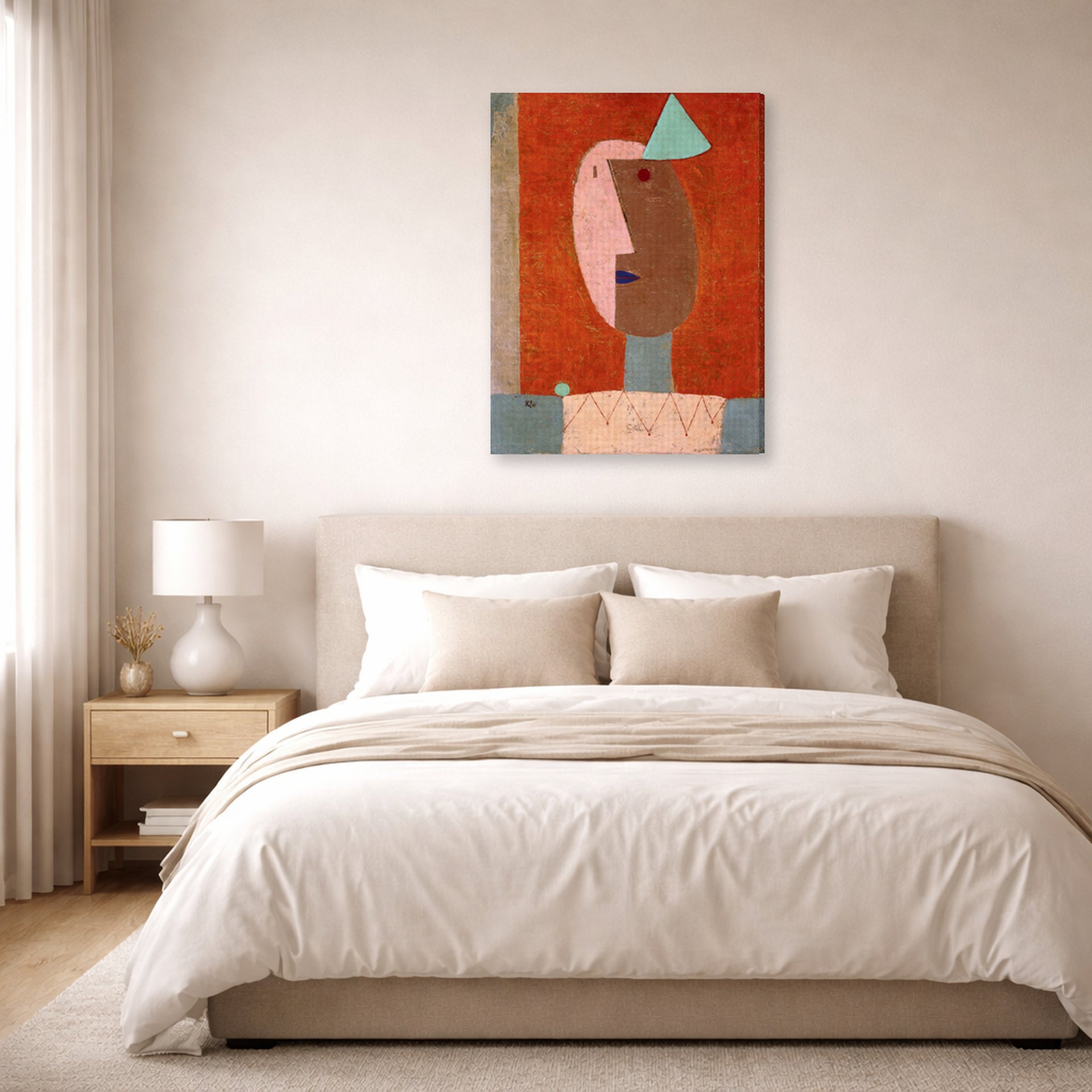 Gallery-wrapped canvas print of Paul Klee's Clown displayed on a wall in a bedroom