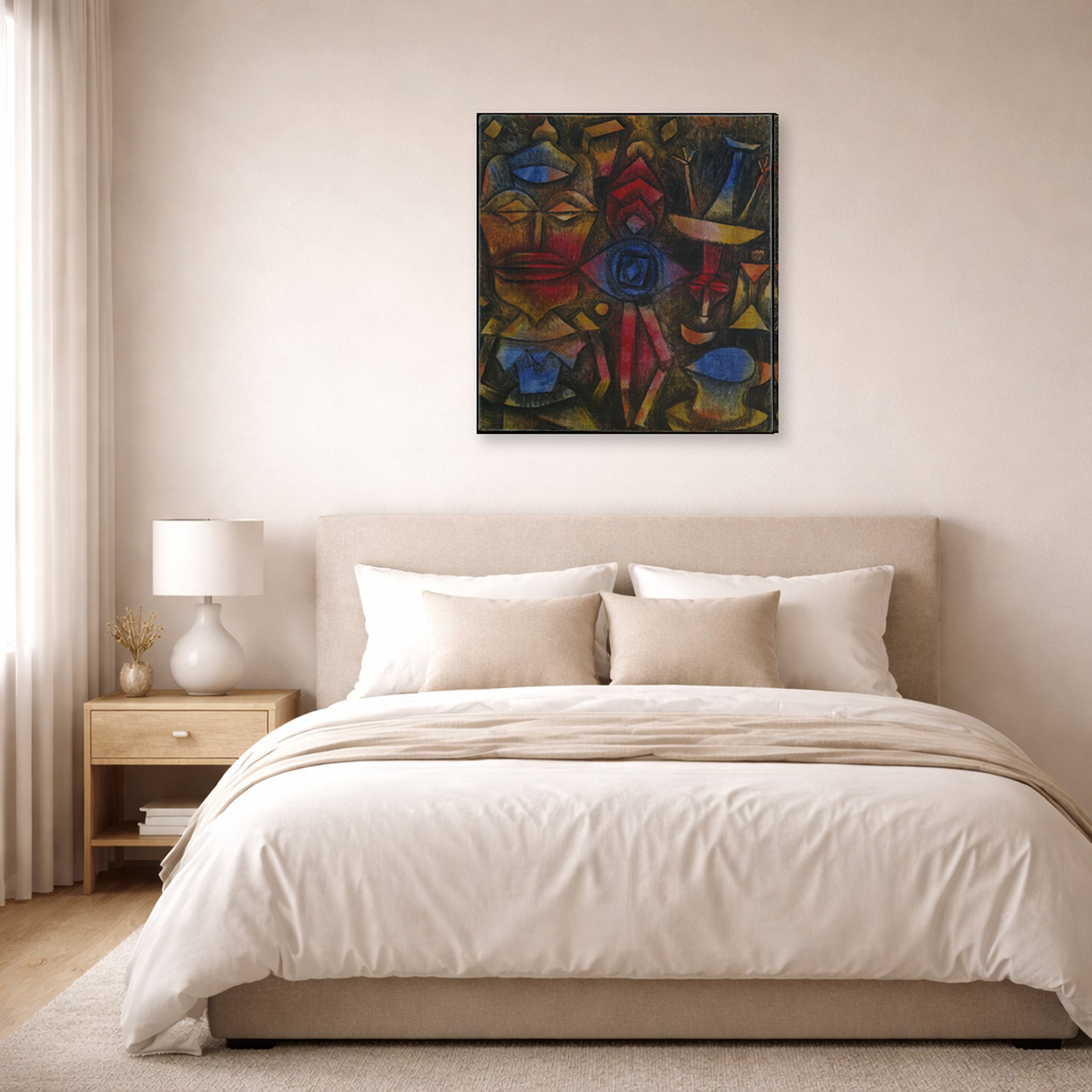 Gallery-wrapped canvas print of Paul Klee's Collection of Figurines displayed on a wall in a bedroom