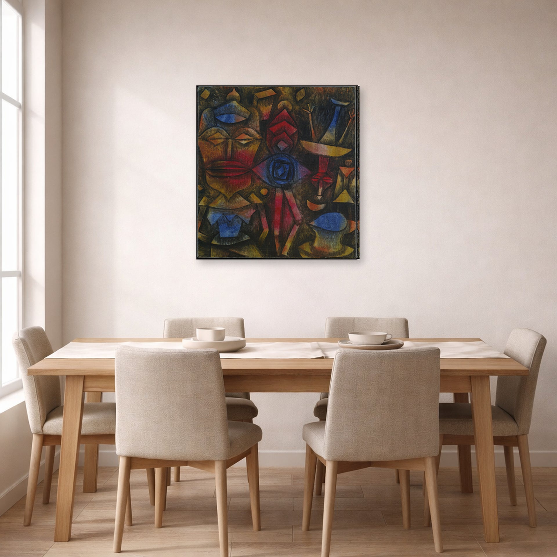 Gallery-wrapped canvas print of Paul Klee's Collection of Figurines displayed on a wall in a dining room