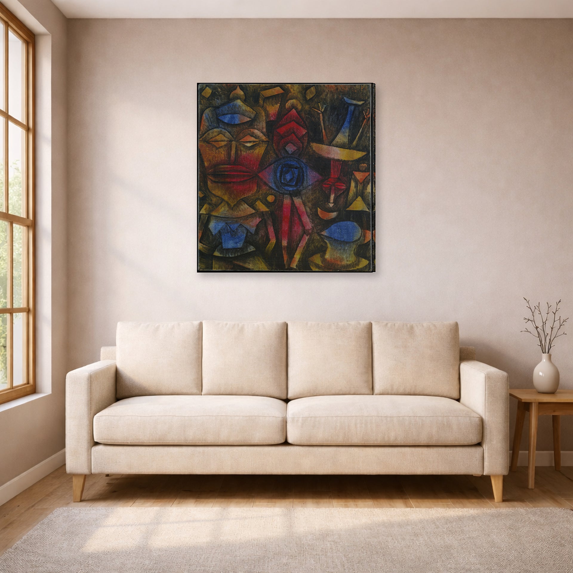 Gallery-wrapped canvas print of Paul Klee's Collection of Figurines displayed on a wall in a living room