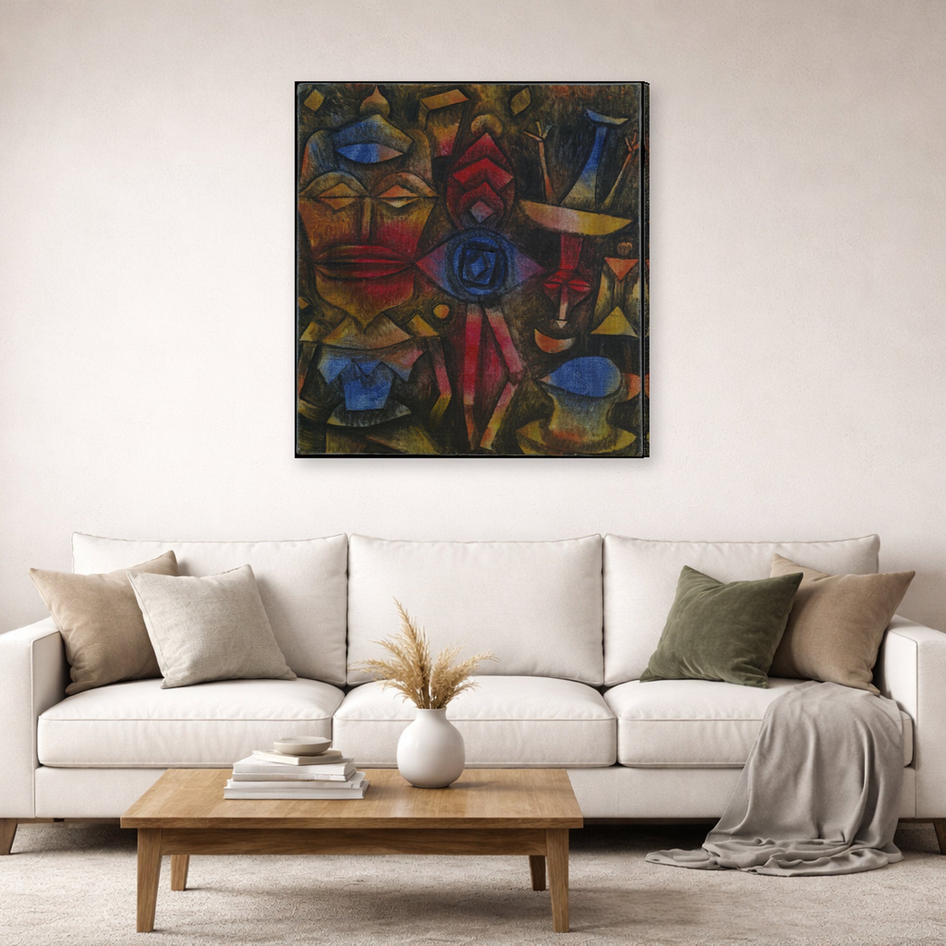 Gallery-wrapped canvas print of Paul Klee's Collection of Figurines displayed on a wall in a living room