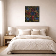 Unframed poster print of Paul Klee's Collection of Figurines displayed on a wall in a bedroom