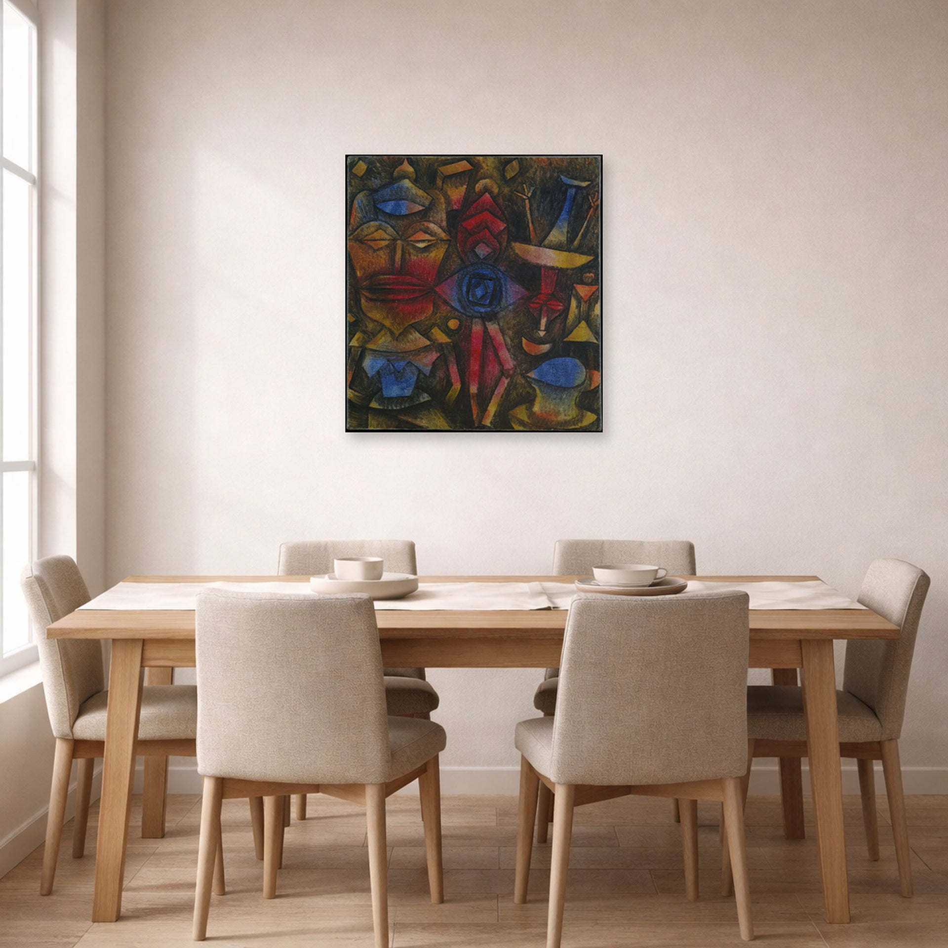 Unframed poster print of Paul Klee's Collection of Figurines displayed on a wall in a dining room
