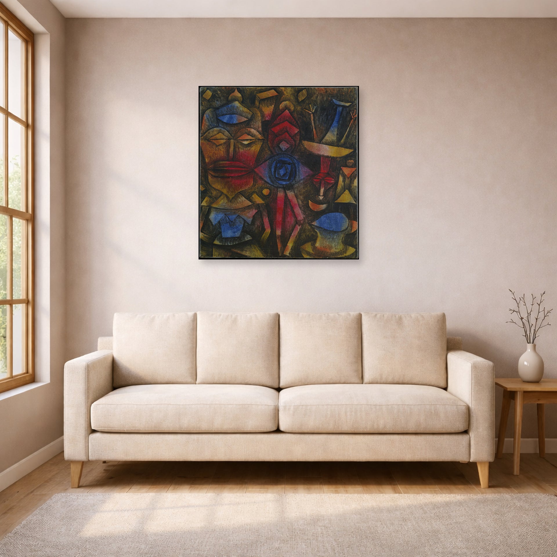 Unframed poster print of Paul Klee's Collection of Figurines displayed on a wall in a living room