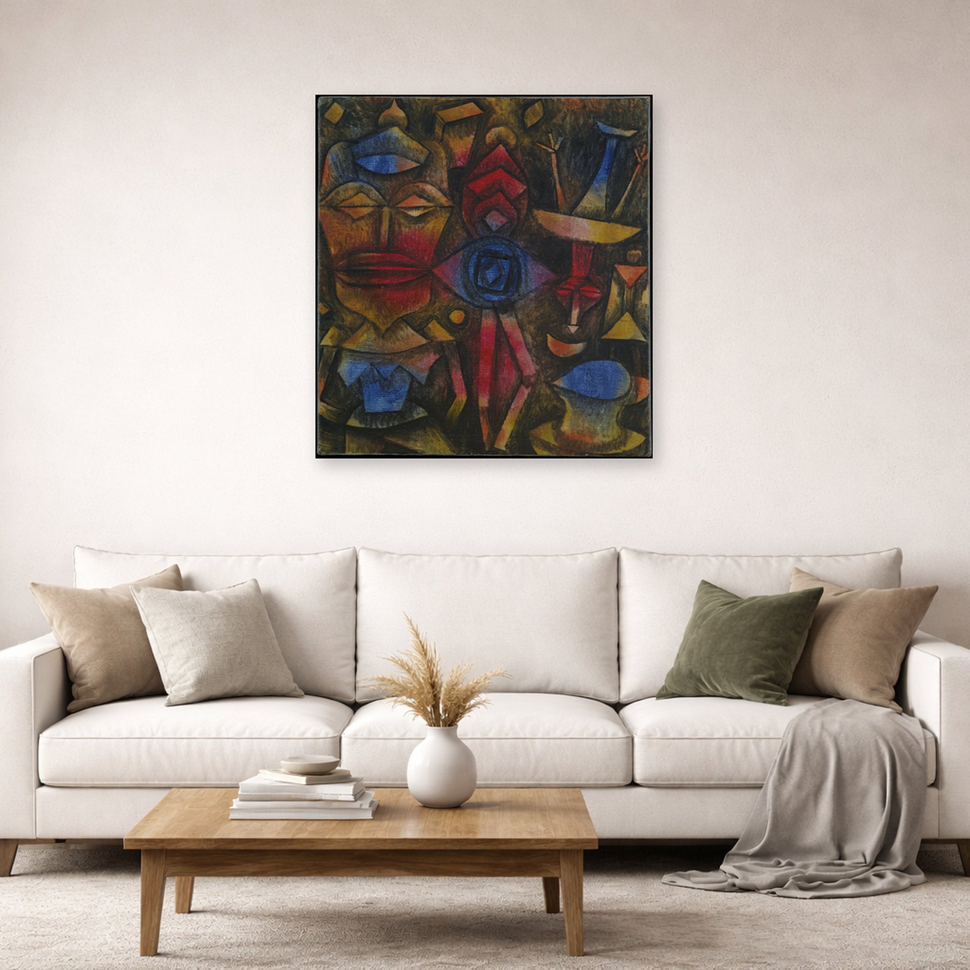 Unframed poster print of Paul Klee's Collection of Figurines displayed on a wall in a living room
