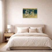 Gallery-wrapped canvas print of Paul Klee's Comedy displayed on a wall in a bedroom