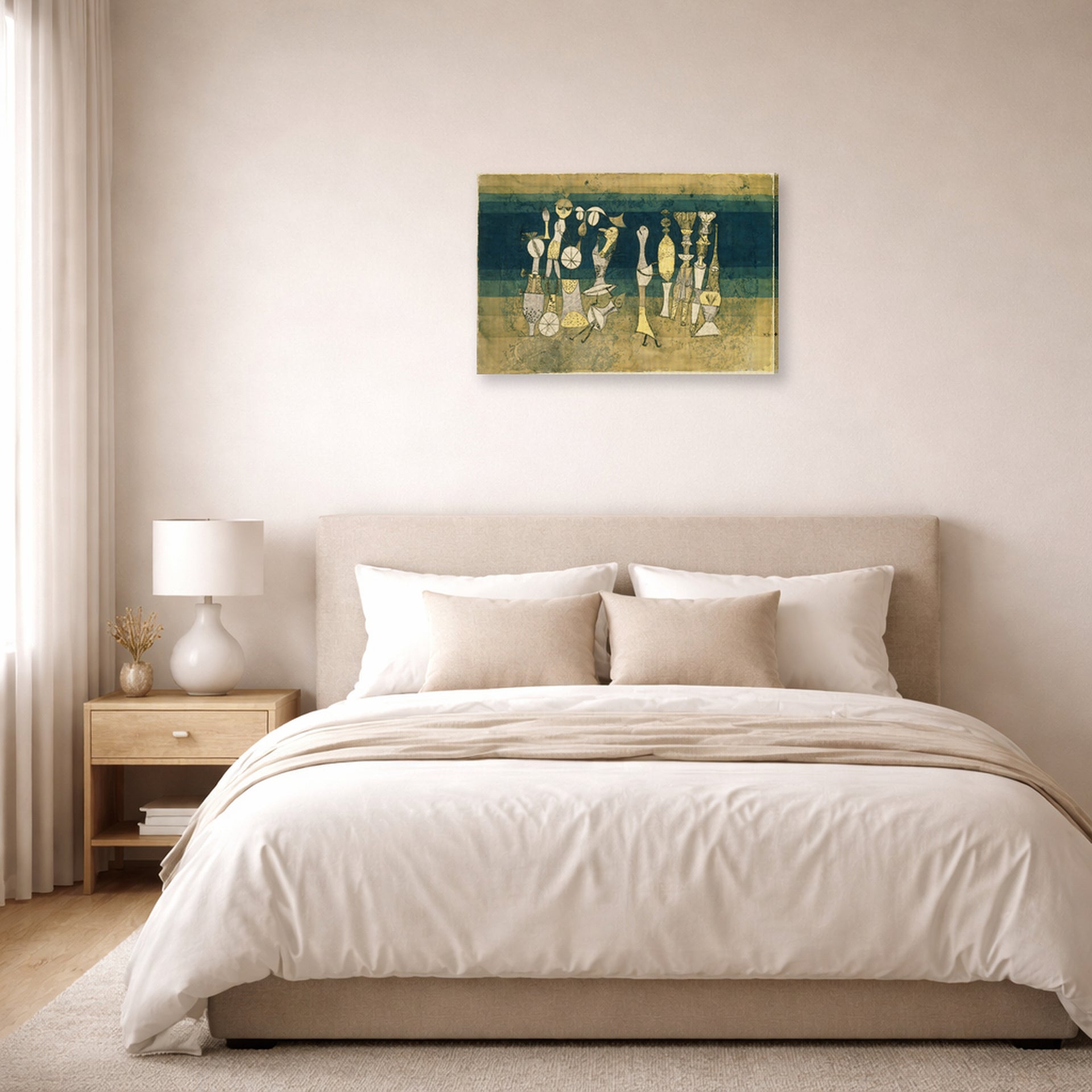 Gallery-wrapped canvas print of Paul Klee's Comedy displayed on a wall in a bedroom