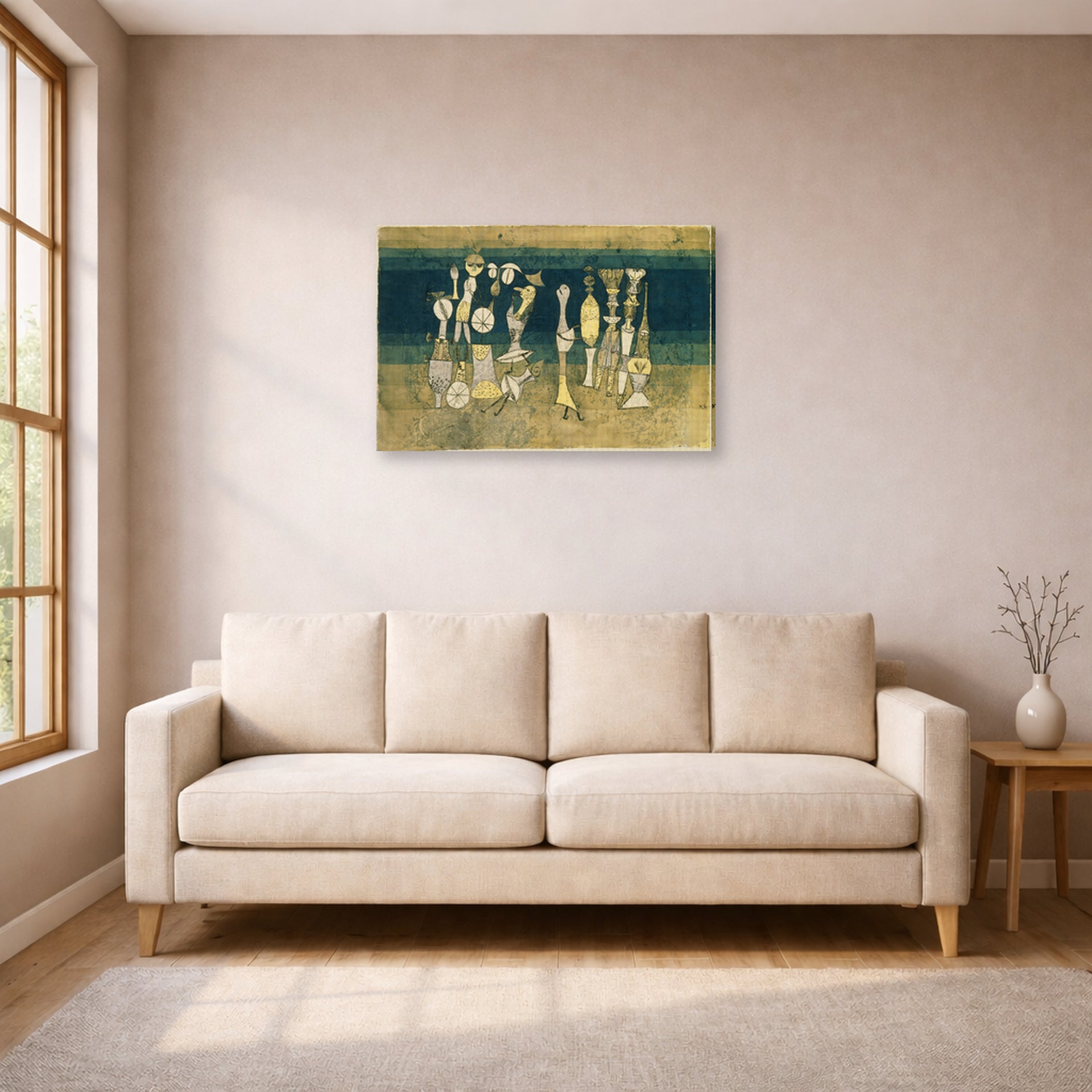Gallery-wrapped canvas print of Paul Klee's Comedy displayed on a wall in a living room