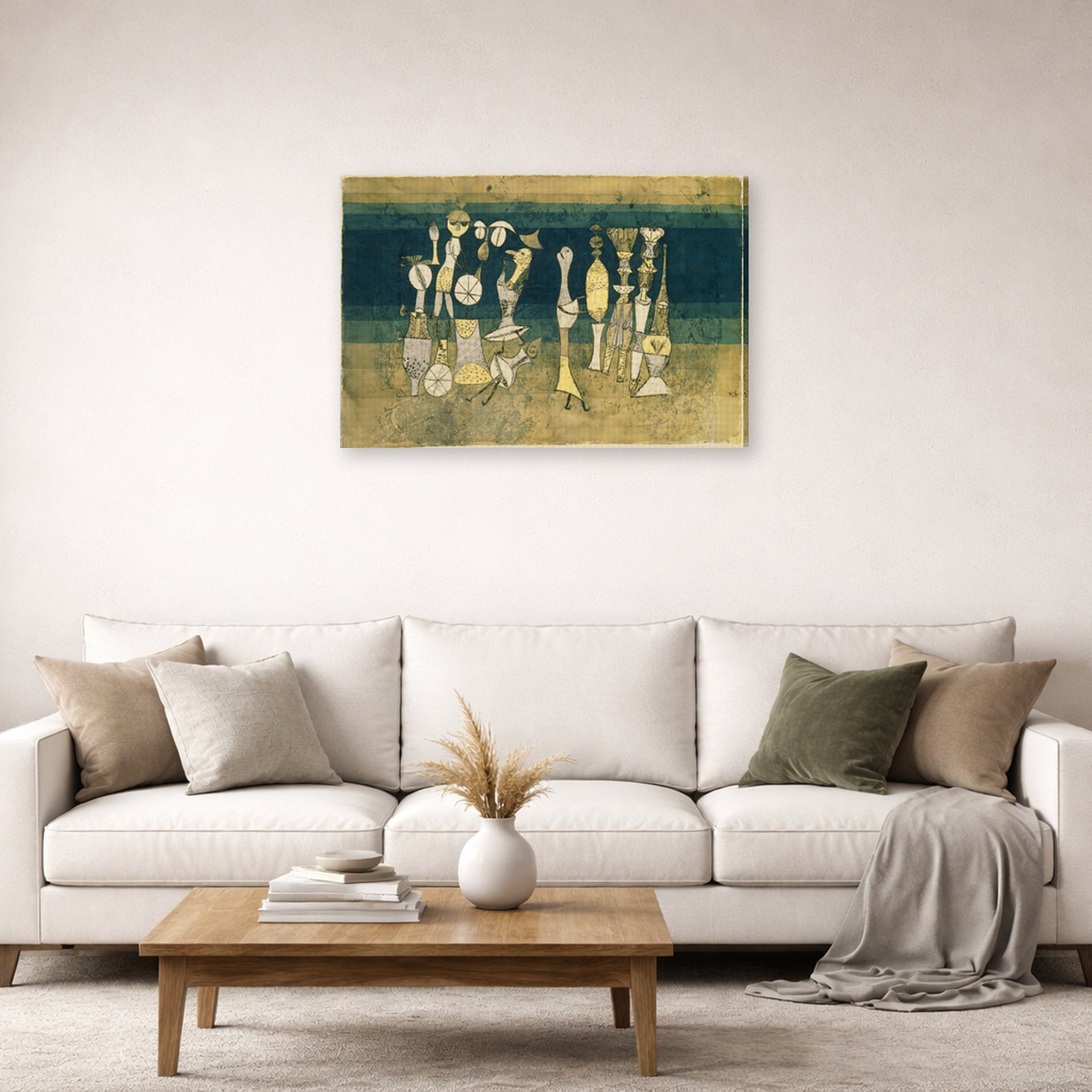 Gallery-wrapped canvas print of Paul Klee's Comedy displayed on a wall in a living room