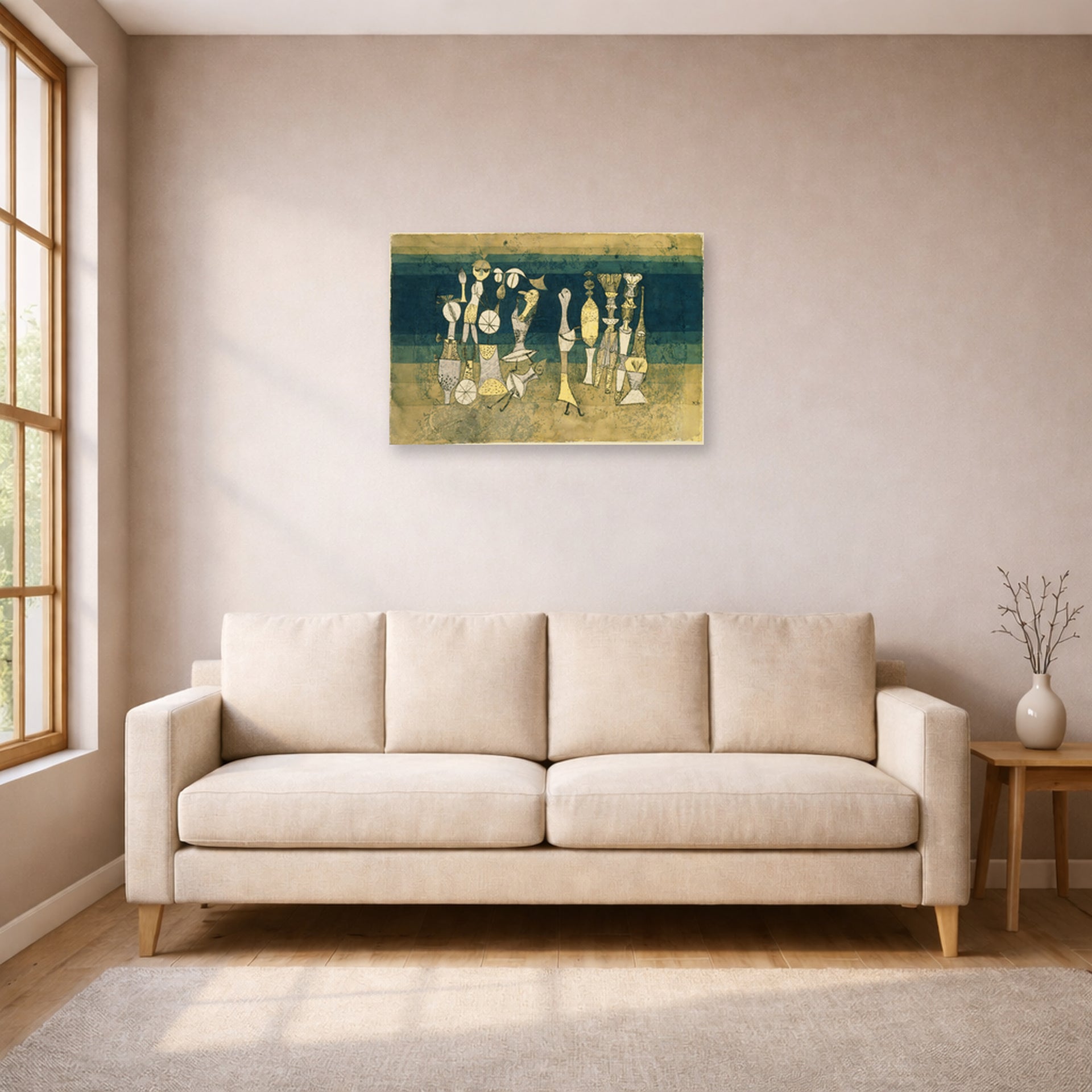 Unframed poster print of Paul Klee's Comedy displayed on a wall in a living room