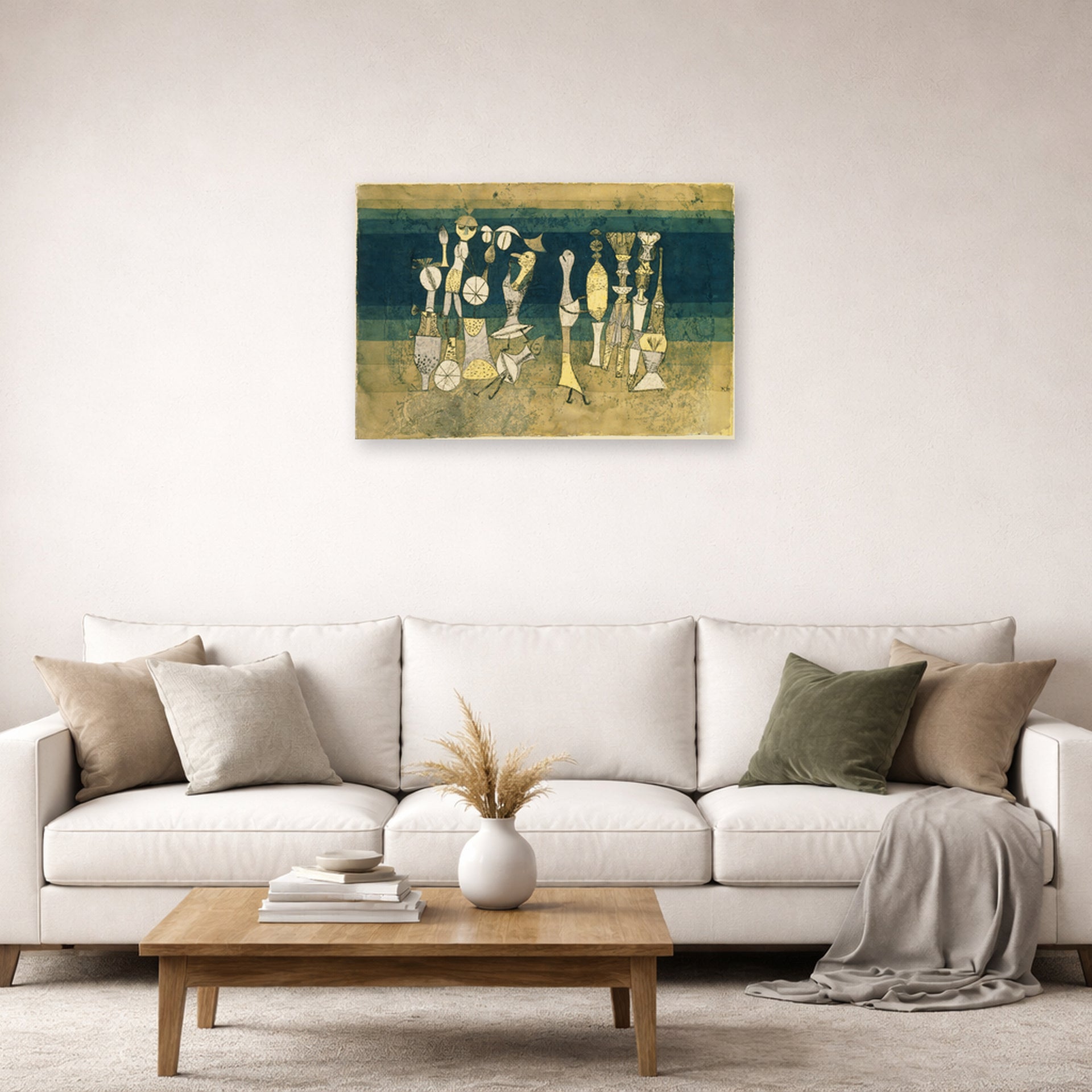 Unframed poster print of Paul Klee's Comedy displayed on a wall in a living room