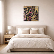 Gallery-wrapped canvas print of Paul Klee's Day Music displayed on a wall in a bedroom