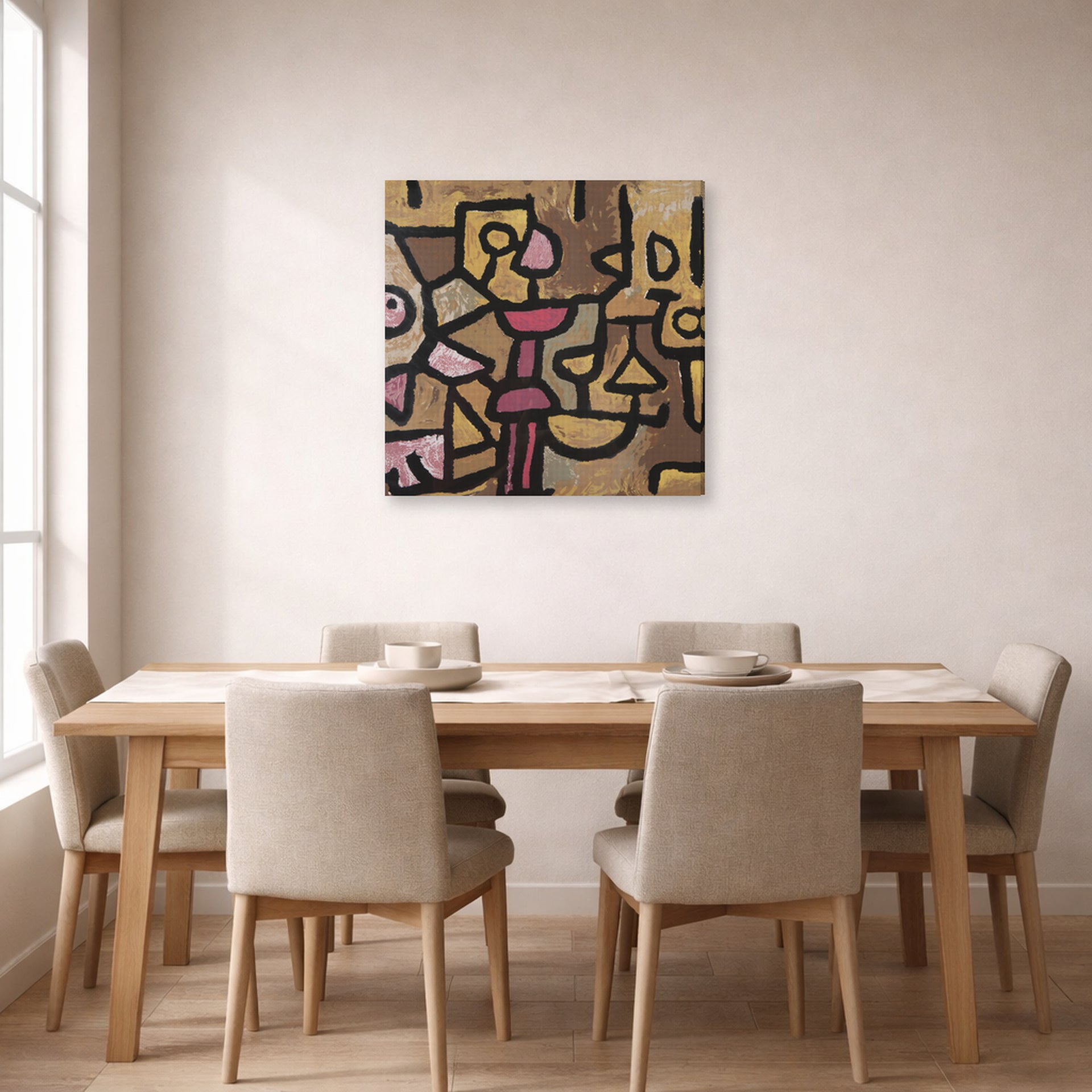 Gallery-wrapped canvas print of Paul Klee's Day Music displayed on a wall in a dining room
