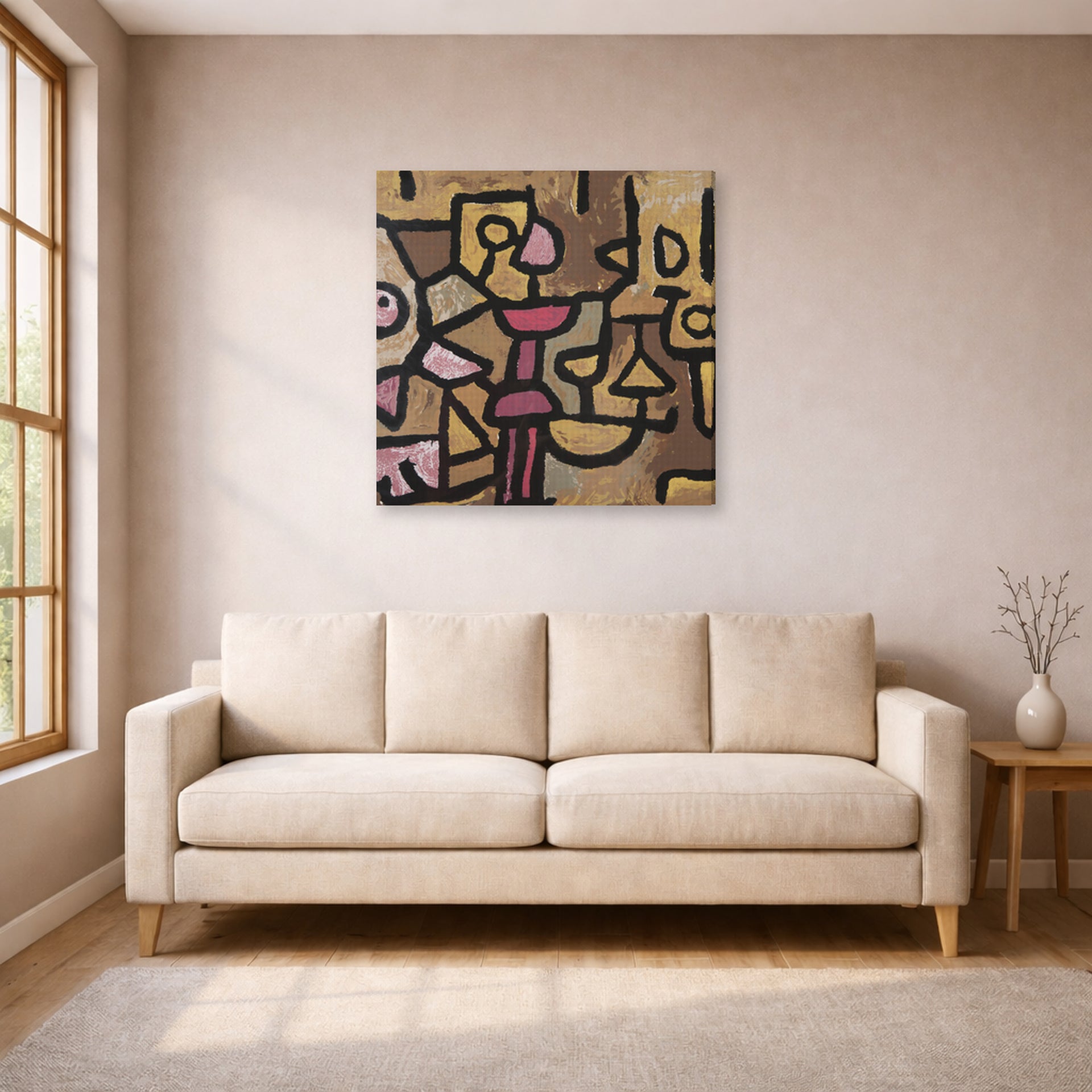 Gallery-wrapped canvas print of Paul Klee's Day Music displayed on a wall in a living room