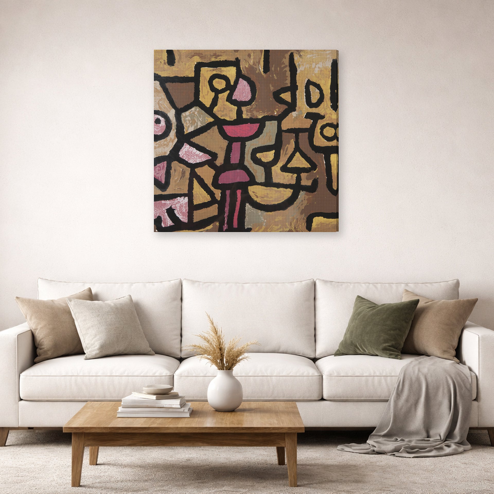 Gallery-wrapped canvas print of Paul Klee's Day Music displayed on a wall in a living room