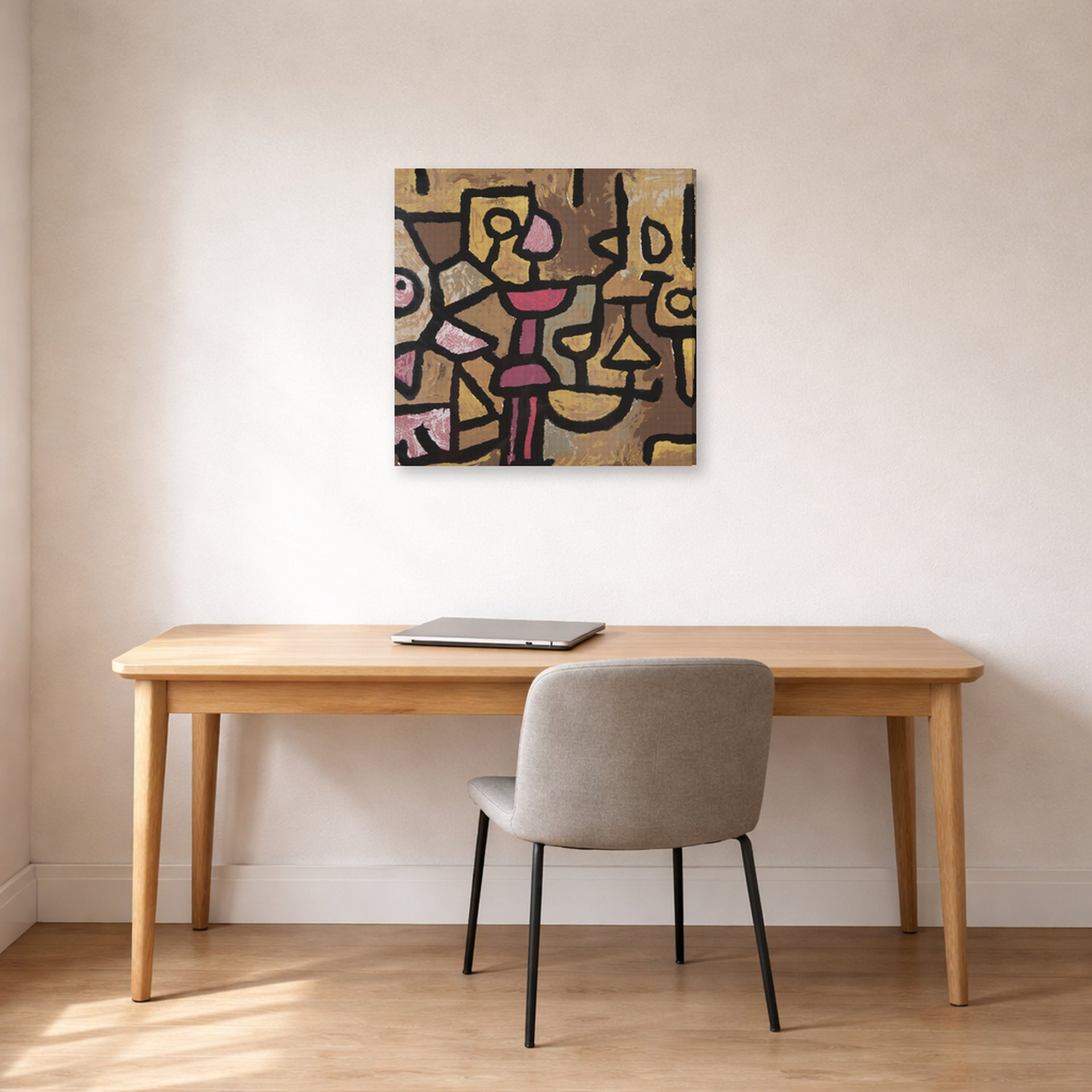 Gallery-wrapped canvas print of Paul Klee's Day Music displayed on a wall in an office