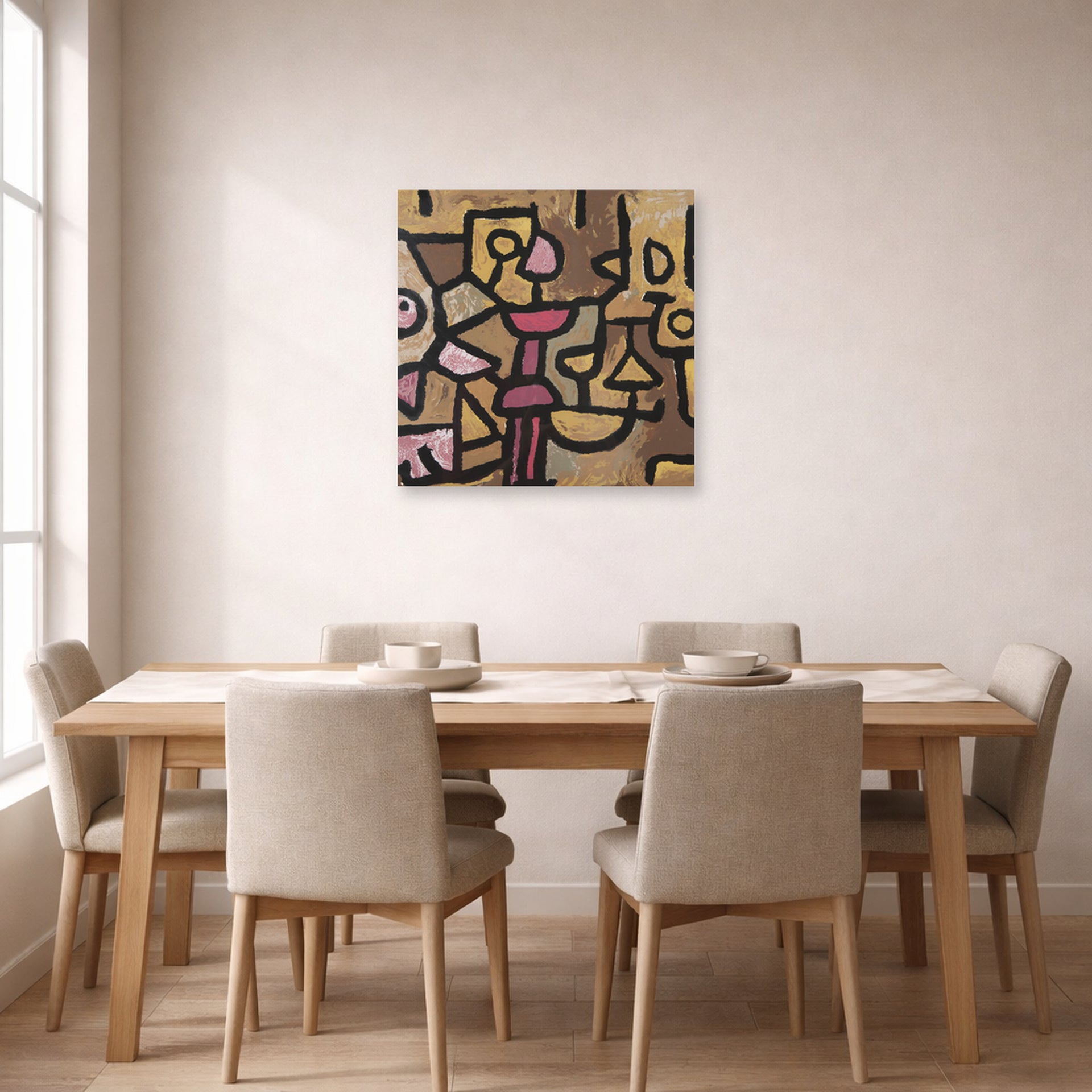 Unframed poster print of Paul Klee's Day Music displayed on a wall in a dining room