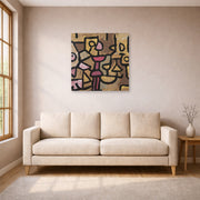 Unframed poster print of Paul Klee's Day Music displayed on a wall in a living room