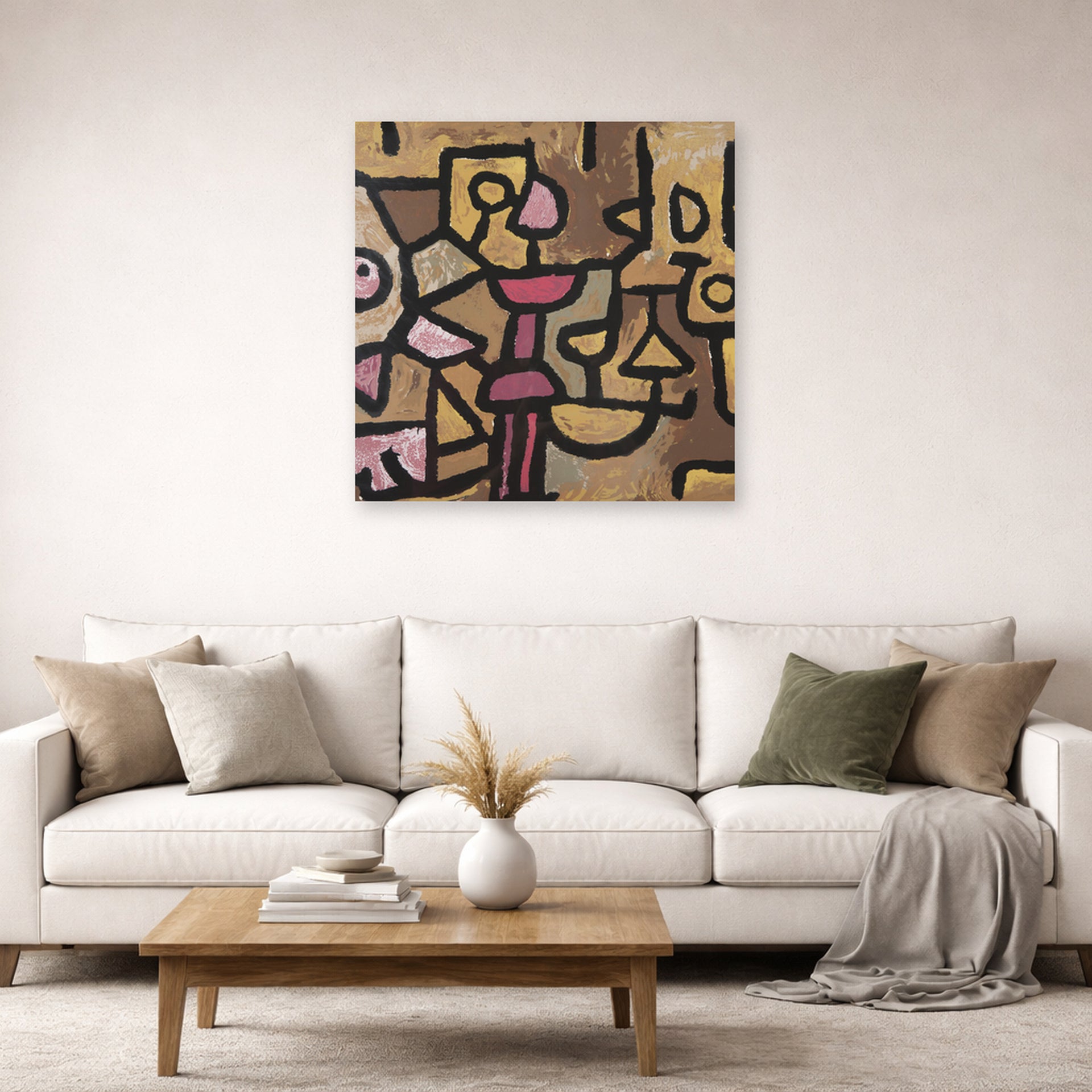 Unframed poster print of Paul Klee's Day Music displayed on a wall in a living room