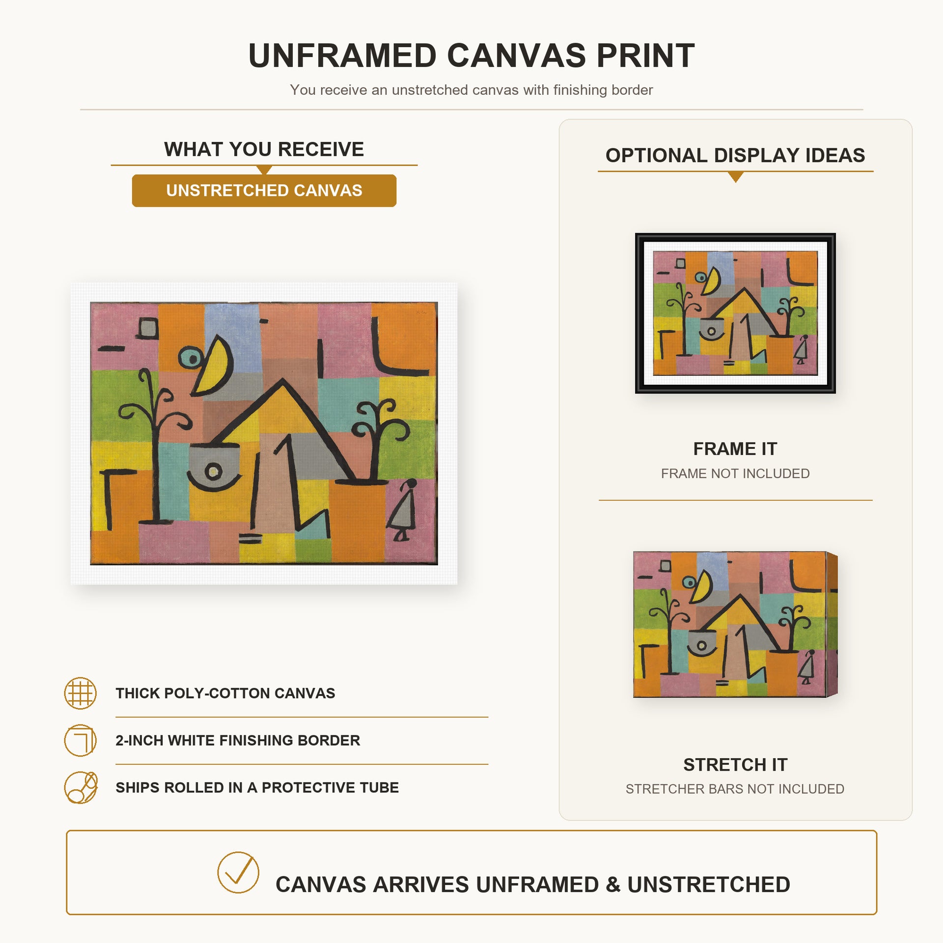 Paul Klee - Douceur D’Orient canvas print size comparison and framing display infographic