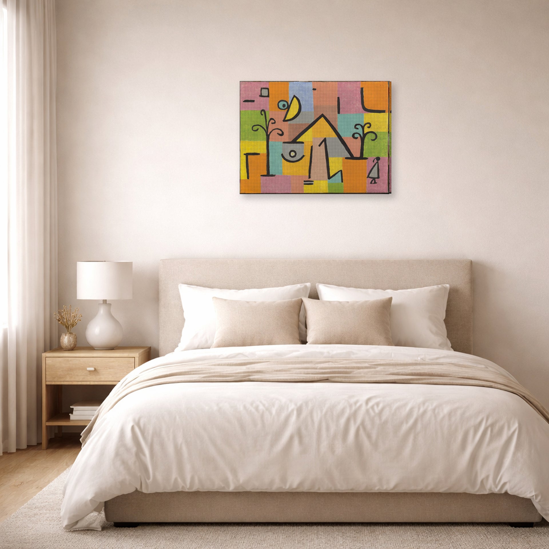 Gallery-wrapped canvas print of Paul Klee's Douceur D’Orient displayed on a wall in a bedroom