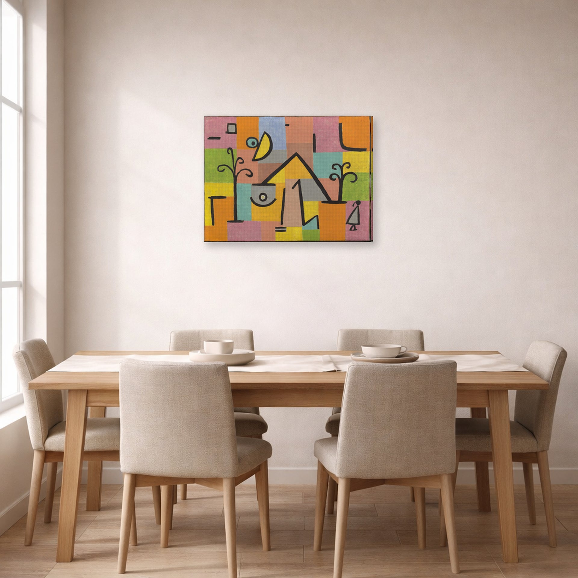 Gallery-wrapped canvas print of Paul Klee's Douceur D’Orient displayed on a wall in a dining room
