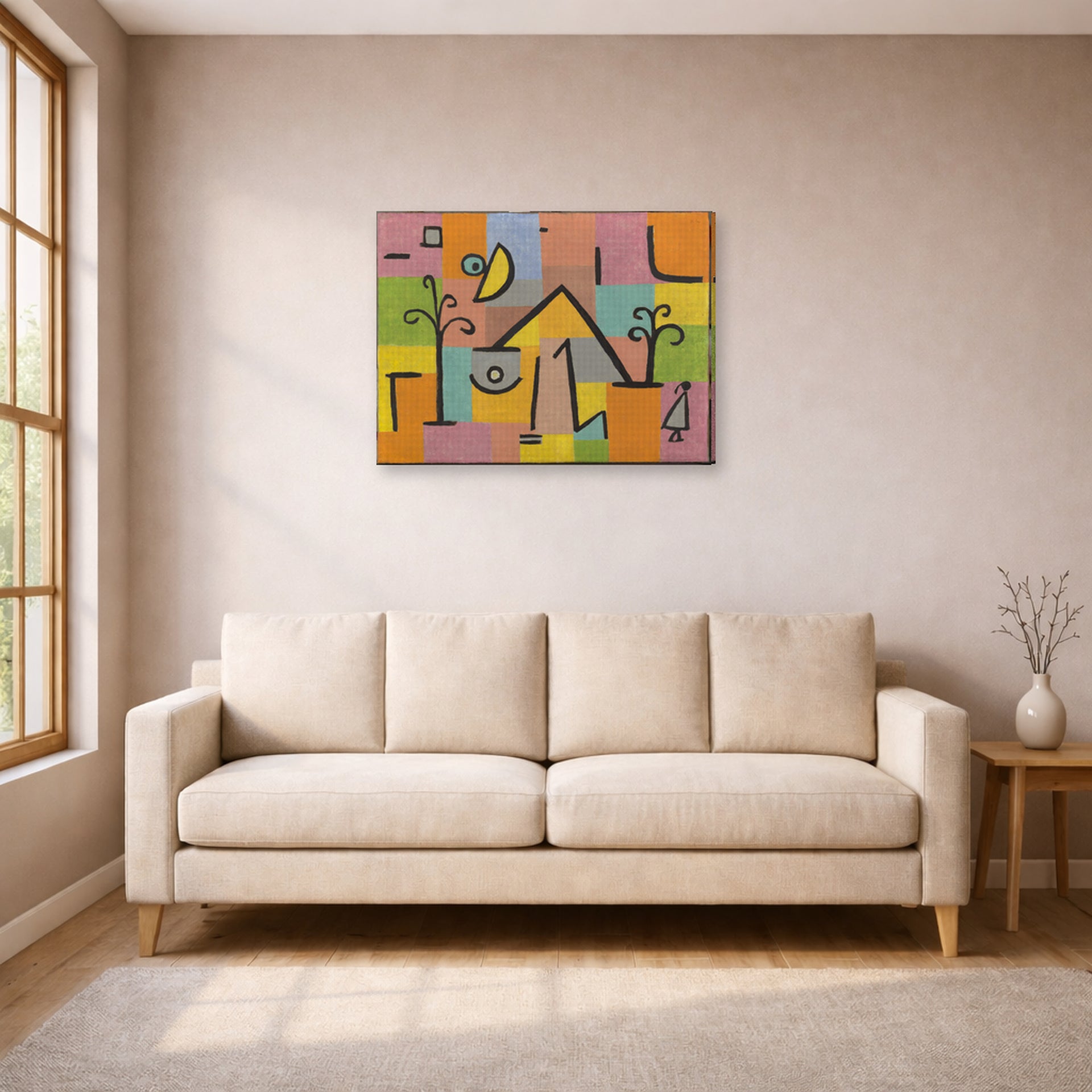 Gallery-wrapped canvas print of Paul Klee's Douceur D’Orient displayed on a wall in a living room