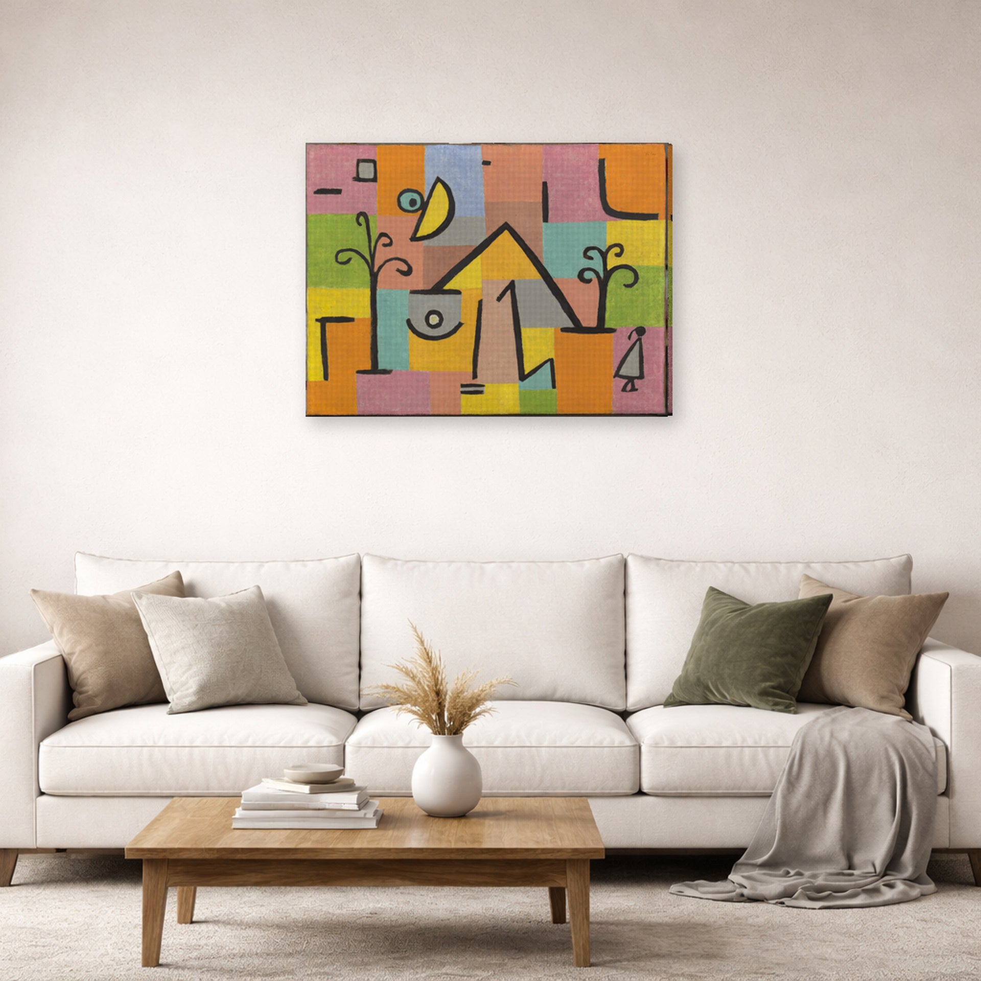 Gallery-wrapped canvas print of Paul Klee's Douceur D’Orient displayed on a wall in a living room
