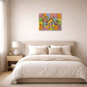 Unframed poster print of Paul Klee's Douceur D’Orient displayed on a wall in a bedroom
