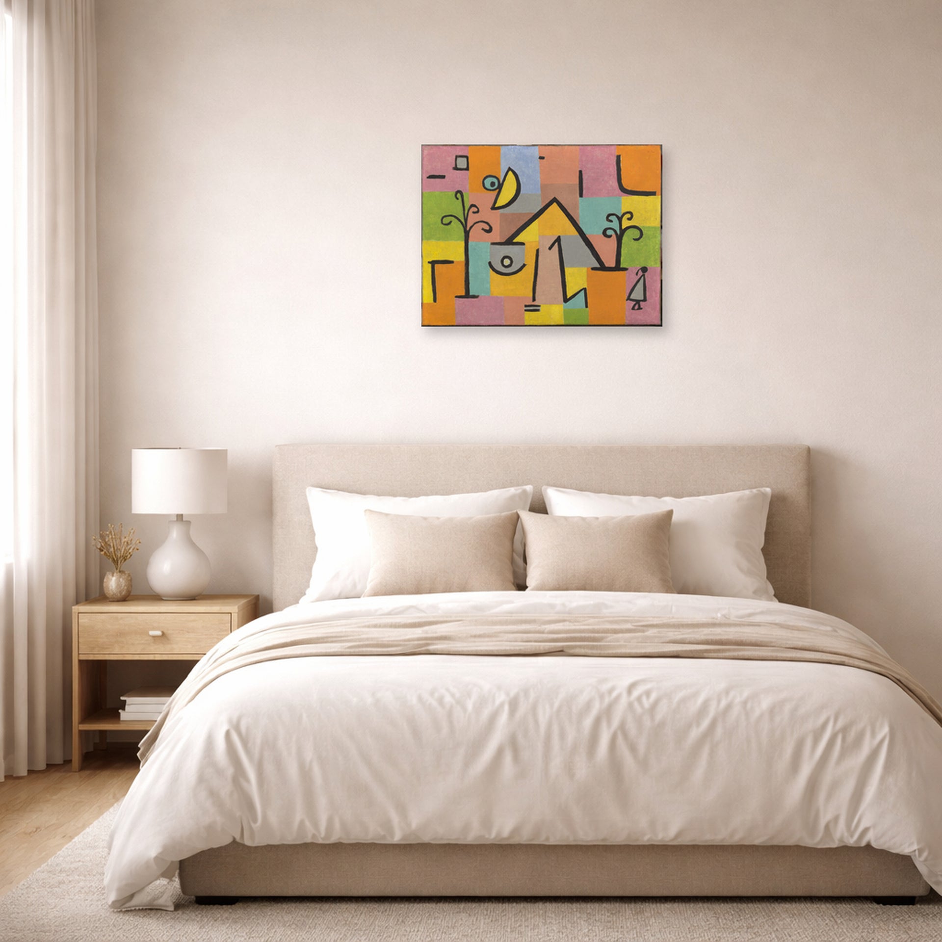 Unframed poster print of Paul Klee's Douceur D’Orient displayed on a wall in a bedroom