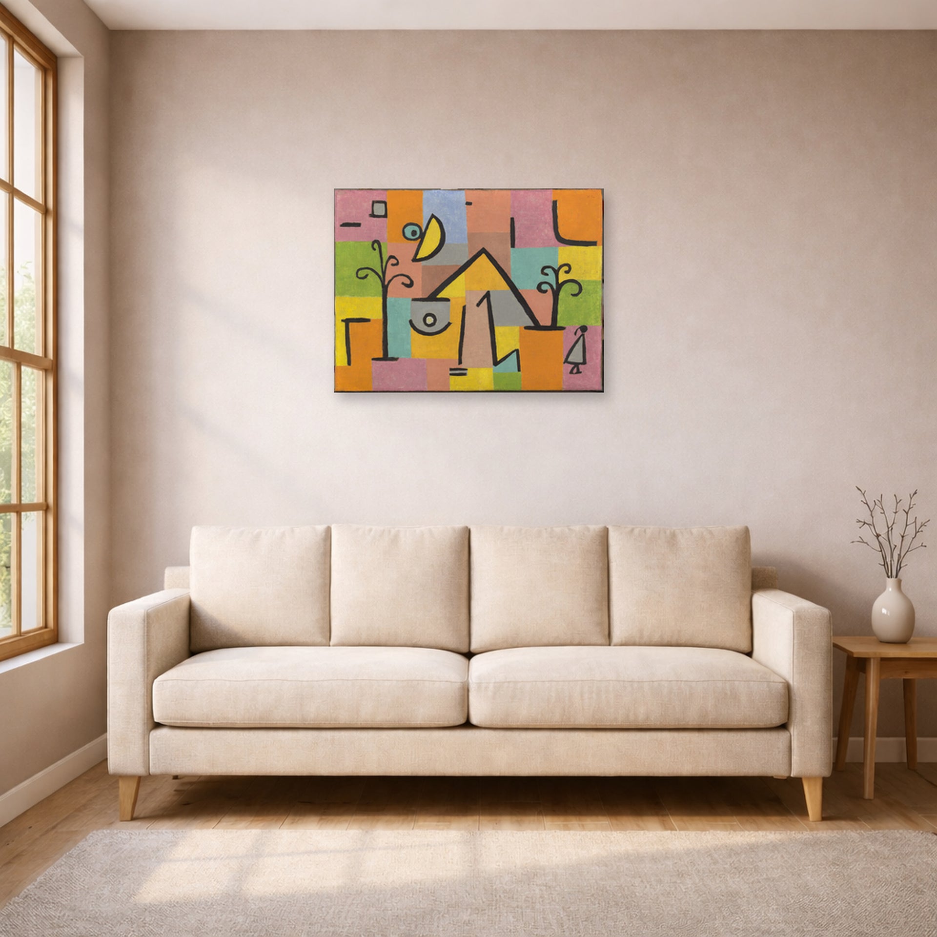 Unframed poster print of Paul Klee's Douceur D’Orient displayed on a wall in a living room